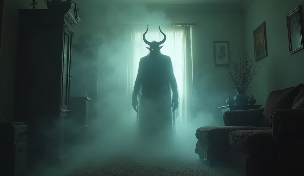 (Best quality, 4K, 8K, high-res, masterpiece:1.2): A menacing demon with large, curved horns and sharp claws sits ominously on an old, tattered couch in a large, cluttered room. The space is filled with piles of trash, scattered debris, and thick cobwebs hanging from the ceiling and corners, giving the room an eerie, abandoned feel. The demon’s glowing eyes and sinister smile stand out in the dim, shadowy lighting, creating a chilling contrast against the chaotic surroundings. The room's decay and the demon's presence create an unsettling, nightmarish atmosphere. (Ultra-detailed, photorealistic, horror-themed, atmospheric lighting).






