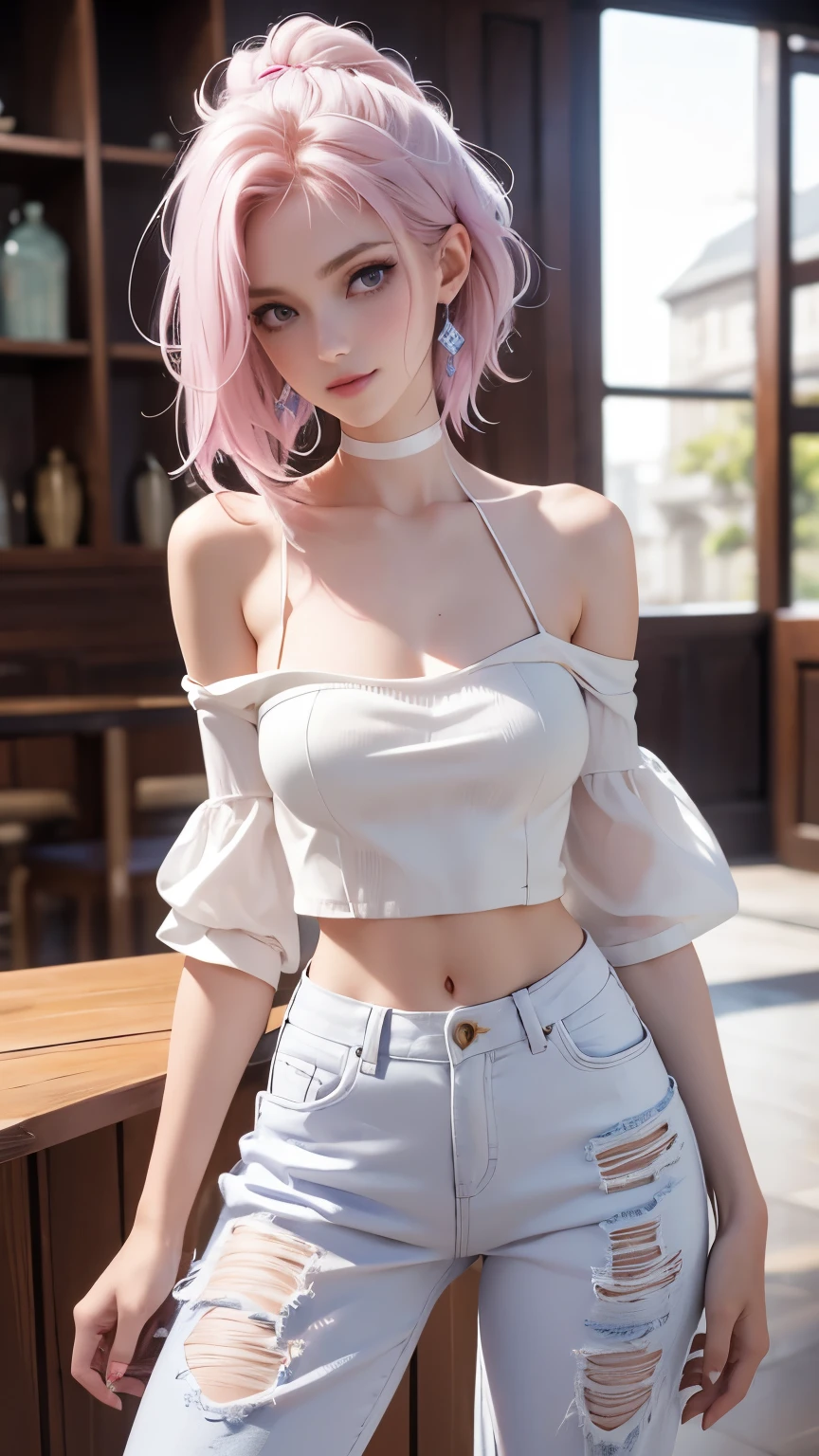 (masterpiece, Best Quality), Intricate details, thin, ((slim)), beautiful girl, Light pink hair, White skin, Light purple eyes, Sharp jawline, Messy Hair, lips, Upper Body, close, Grin, A white off-the-shoulder top, blue denim wide-leg pants, and beige platform sandals