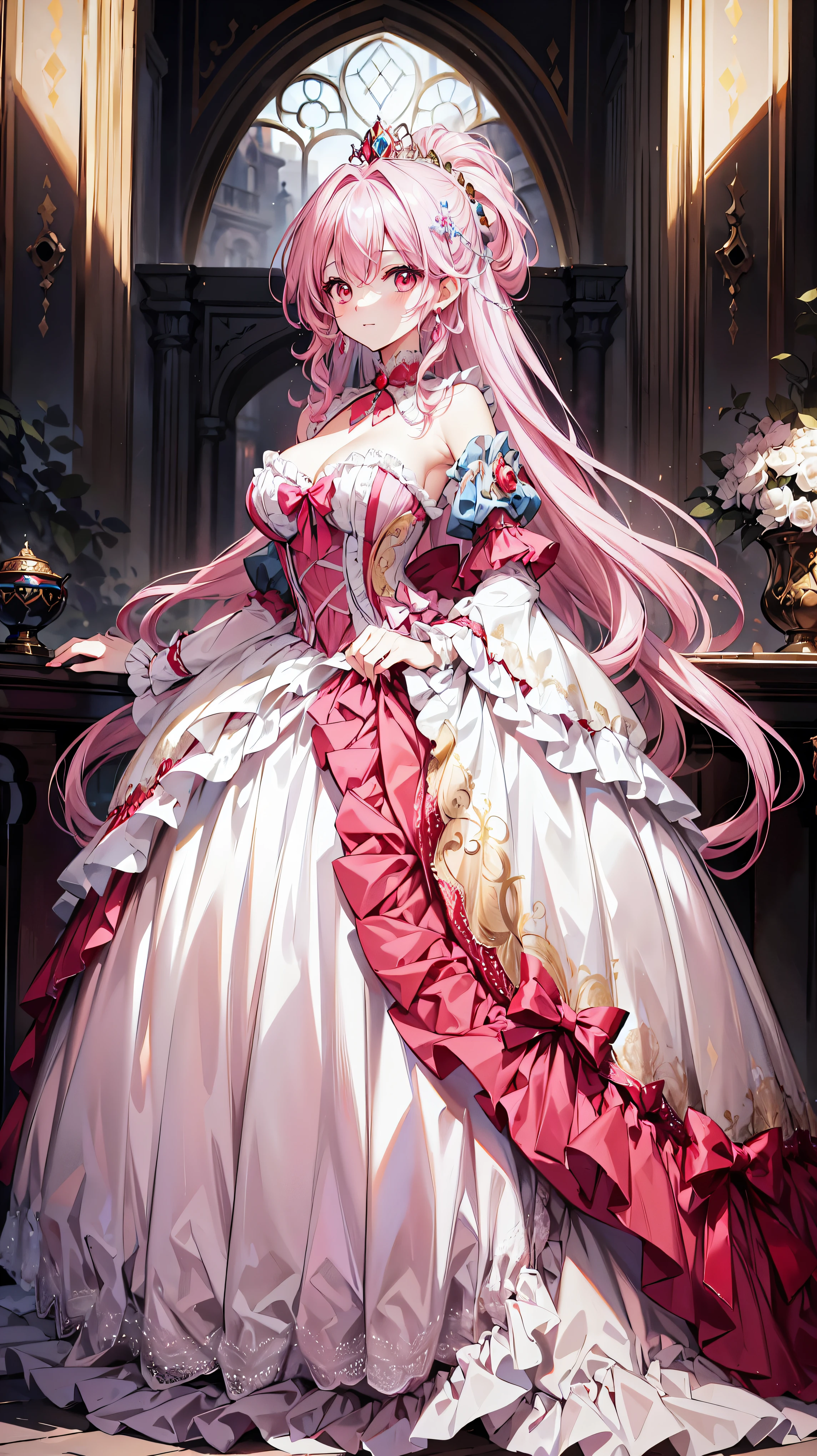 ((masterpiece)), ((top quality)), ((high resolution)), (((ultra detailed))), moe anime art style, (solo younger face princess), full body, hyper detail beautiful eyes, super delicate and beautiful face, beautiful smile, 
BREAK 
(((princess rococo gown with voluminous full length hoop skirt and long hem))), shiny dark red taffeta fabric, over skirt with plenty of frills and luxurious embroidery, skirt with precision lace, huge breasts, breast focus, cleavage cutout, 
BREAK 
(((hair pink hair))), (long fluffy ponytail), curly hair, bangs, beautiful silver and jeweled hair accessories, light sparkles, depth of field, 