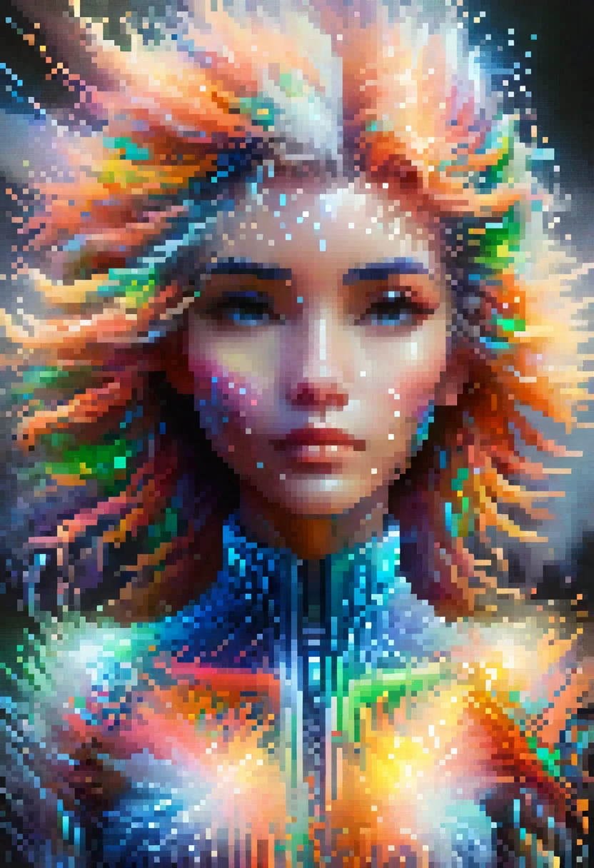 A woman in pixelated 3D art stands gracefully, her form composed of blocky yet stylized shapes. Her hair flows in sharp, angular strands, and her attire is simple but abstract, with pixelated patterns that shift between soft pastels and bold neon colors. The scene around her is minimal, perhaps set in a futuristic landscape made of digital cubes and glowing pixels. Light reflects off her figure, casting a vibrant, geometric glow that enhances the surreal, abstract nature of the scene. The mood is one of elegance meeting technology, where human form blends into a digital, stylized reality.

