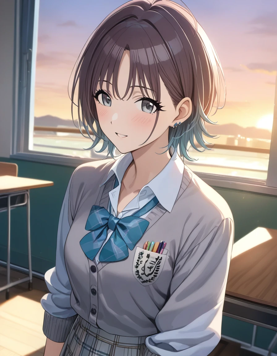 (masterpiece),(Highest quality),(Very detailed),(Best illustrations),(Best Shadow),(Absurd),(Detailed Background),(so beautiful), 
Official Style,

 asakura_toru,

the idolmaster shiny colors,
chest,
blush,

school uniform, Cardigan,

alone,
Japan,
classroom,
evening,
Sunset,
Background Blur, 
focus on face,
cowboy shot,
realistic skin,