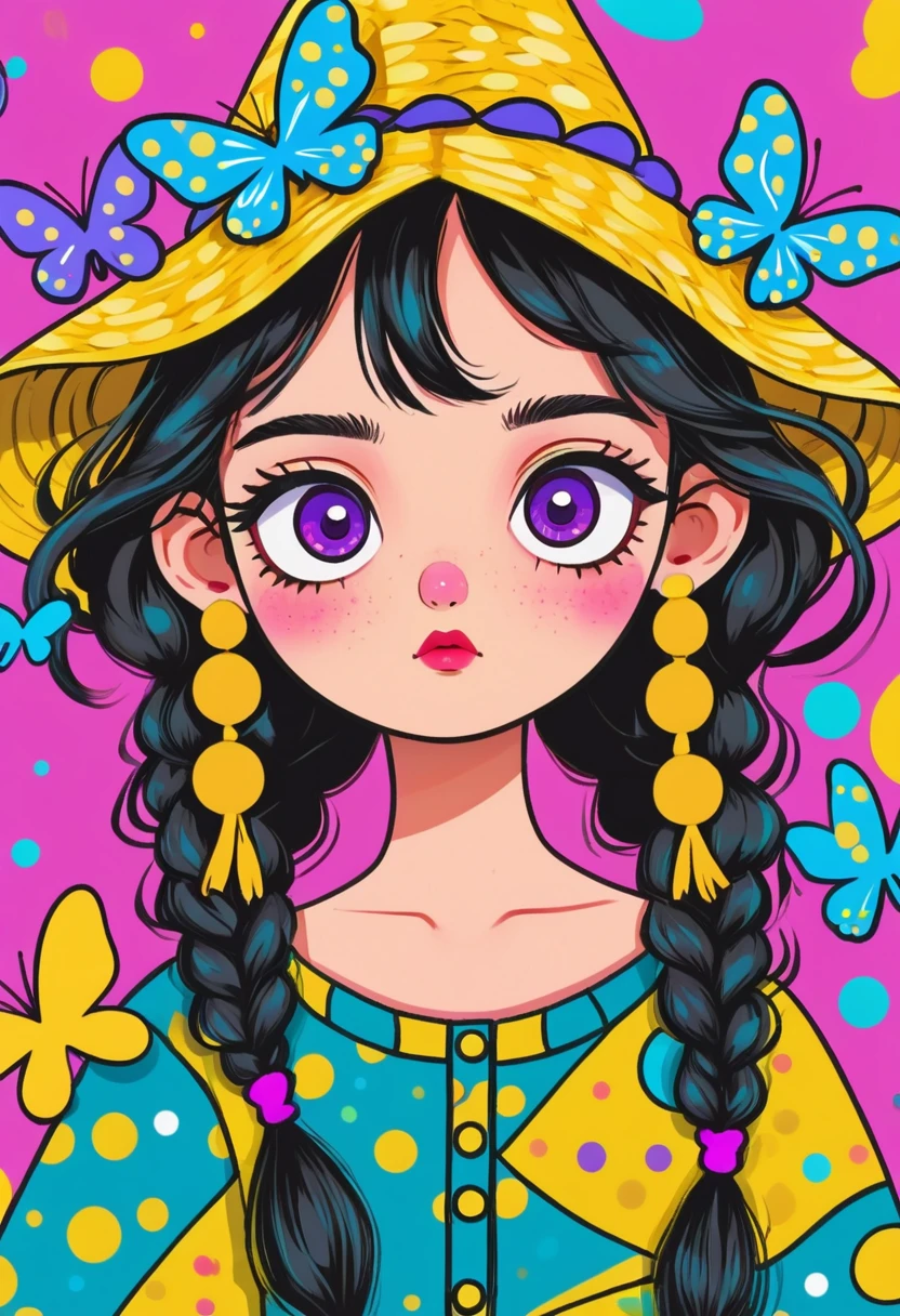 big eyes, serious face, long black braided hair, colorful dress with butterfly patterns, yellow polka dot butterfly-shaped earrings, cute yellow hat with blue triangle detail, cartoon style, simple teal background with pink and purple shapes, playful and whimsical atmosphere, front view, close-up, bold and bright colors, sharp digital illustration.