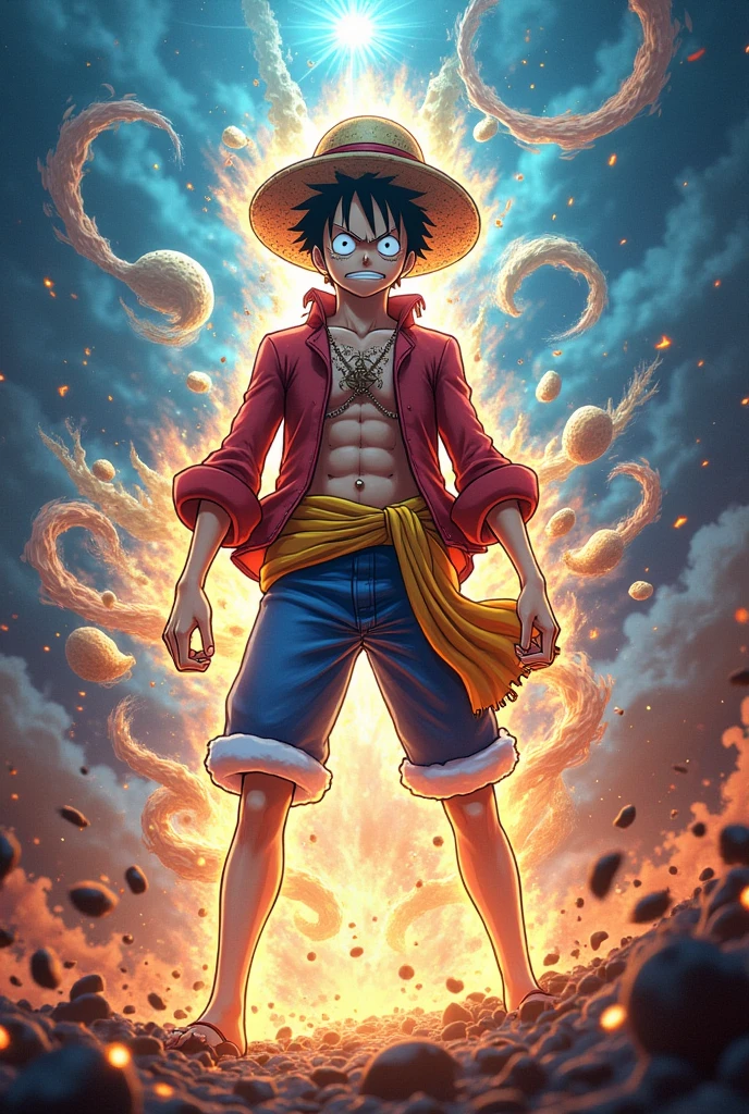 illustration, anime, Monkey D. Luffy, One Piece, vintage, port city, poster, in the style of [james jean], deathcore, [john pitre], detailed atmospheric portraits, oil painting, anime, biopunk, horror art, dark and intricate, unique illustrations, precisionist art, airbrush, mystical landscape, intricate psychedelic, dark azure and red, witchcore