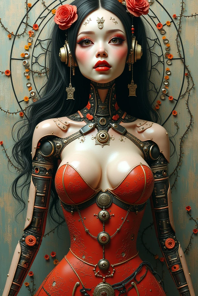 (((Masterpiece))), ((Best Quality)), (Super Detail), (CG Illustration), (Very Evil and Beautiful)), Cinematic Light, ((1 Mechanical Girl)), Single, (Mechanical Art: 1.4), ((Mechanical limb)), (Blood vessel attached to a tube), ((Mechanical spine attached to the back)), ((Mechanical cervical vertebrae attached to the neck), expressionless, ( Wires and cables attached to the head and body: 1.5), Science Fiction, Apocalypse, Ruins, (Lower Body Integrated with Mechanical Devices), (Blood: 1.5), Cruelty, Absurdity, Eroticism, Fusion with Machines, Doomsday Time, Super Future, Inorganic, Laboratory, Restraint, (Beautiful Indulgence: 1.2), (1 Girl: 1.3), Body Wrapped Around Mechanical Tentacles, ((big boobies)), long black hair, big tits on focus, ((balck latex brassiere))