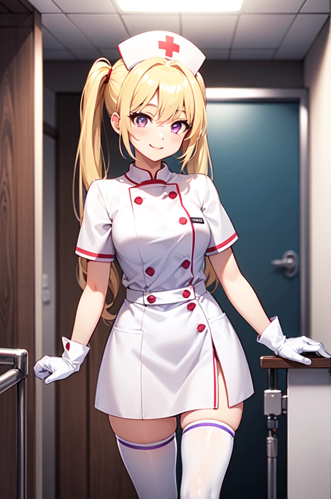 1girl, solo, nurse, nurse cap, white nurse uniform, ((white legwear, zettai ryouiki)), white gloves, twintails, yellow hair, purple eyes, smile, standing, ((hospital room)), sharp outline, short sleeves, best quality, masterpiece