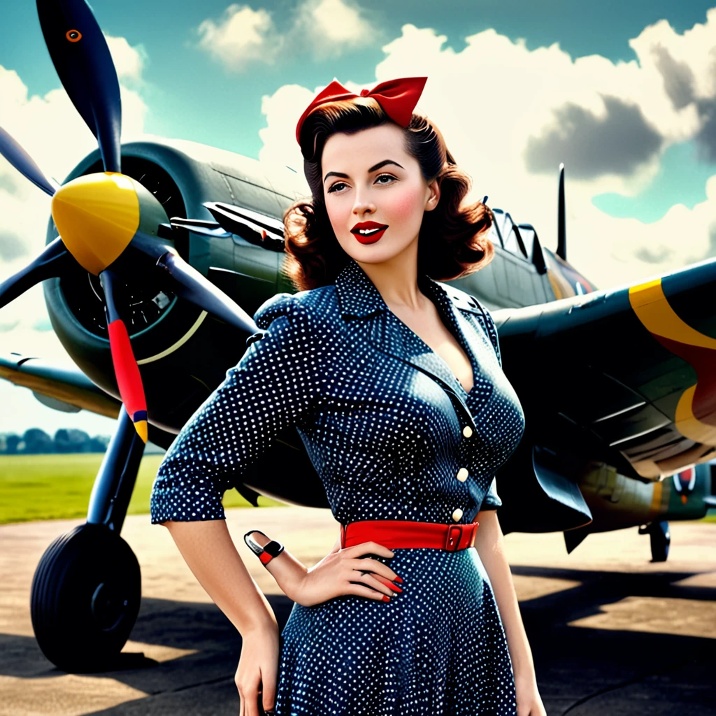 woman in vintage 1940s clothing, 1940s fashion, 1940s aesthetic, playful pose, posing near a spitfire aircraft, spitfire plane, confident brunette and busty woman, red lipstick, bold patterns, clean lines, vintage travel posters, magazine illustrations, nostalgic, adventurous, wartime spirit, (best quality,4k,8k,highres,masterpiece:1.2),ultra-detailed,(realistic,photorealistic,photo-realistic:1.37),HDR,UHD,studio lighting,ultra-fine painting,sharp focus,physically-based rendering,extreme detail description,professional,vivid colors,bokeh,illustration,digital painting