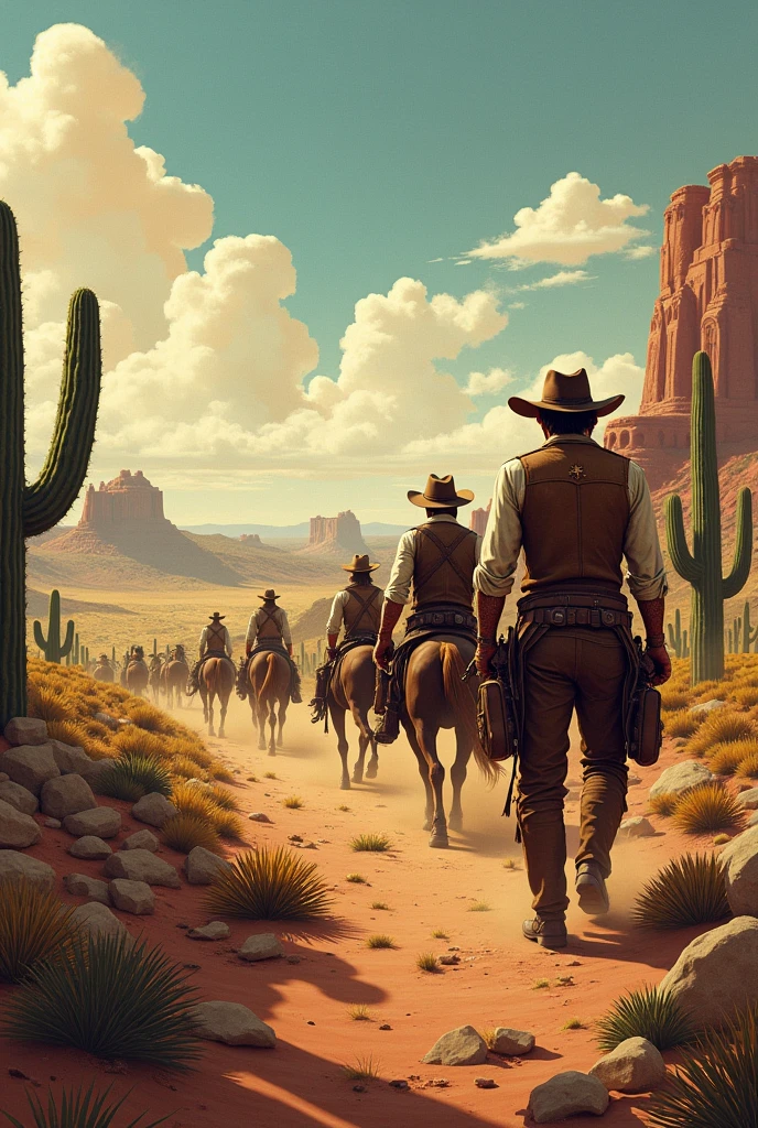 top quality, best quality, High-quality illustrations, masterpiece, super high resolution, detailed background, The desolate and rugged desert landscape at sunset, with the sky turning shades of red and the dry earth stretching into the distance, Cowboys racing across the prairie, stirring up dust as the sound of horse hooves echoes through the air, A lone sheriff standing at the entrance of a saloon, with a wooden sign swaying gently behind him, A gunslinger suddenly emerging from the shadows, his sharp gaze and the silence creating a tense atmosphere, 6+boys, 6+girls, absurdres(highly detailed beautiful face and eyes)perfect anatomy, expression, good lighting, cinematic shadow(kemono, furry anthro)assorted poses, dynamic angle,