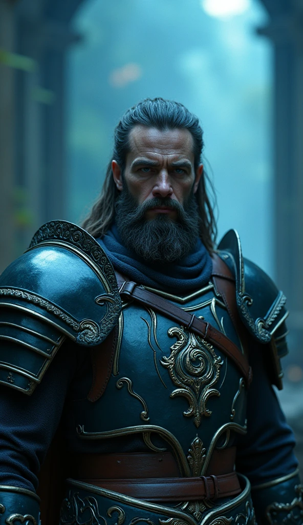 Image of a man who is a witcher , long hairs and beard , cat eye , yellow eyes, man with angry expression , man covered with armour , 2 swords on the back ,man inside castle , mountain scenery , 