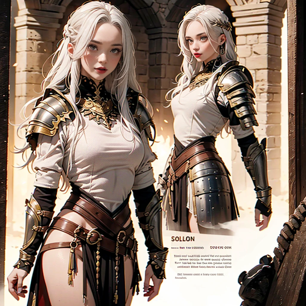 ((1girl, solo, alone, white hair, red eyes, hair ornament, small breasts, long hair, fitness)), ((solo, (1woman, pink lipstick), Extremely detailed, ambient soft lighting, 4k, perfect eyes, a perfect face, perfect lighting, a 1girl)), (( gladiator armor, medieval armor, fantasy armor )) Fantasy rpg inspiration, full body, Reference Sheet, Character Sheet Full-Length, Character Chart, 