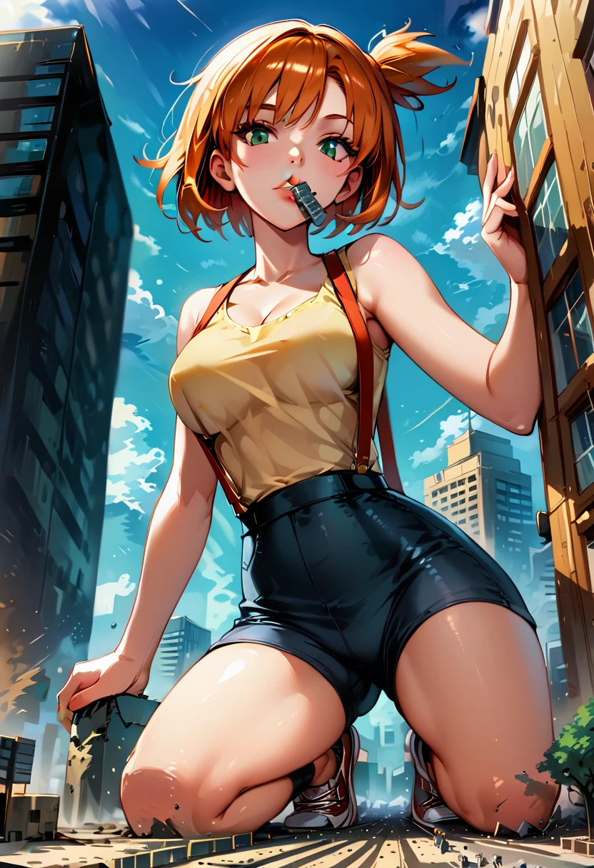 Dark Fantasy Art of score_9, score_8_up, score_7_up, rating_questionable, fantasy, lighting, epiCPhoto 1girl, mature woman, very sexy (Misty_Pokemon), (short hair, orange hair, one side up hair, green eyes, medium breasts, skinny), cleavage, (yellow t-shirt, tight sleeveless t-shirt, red suspenders:1.3), blue shorts, red sneakers, solo, cute, flirt, gaze, sexy look, half-closed eyes, head tilt, filled lips, thick lips, makeup, (in Washington D.C.:1.6), modelling shoot, kneeling, (object insertion, inserting Washington Monument in her mouth:1.5), stroking the Washington Monument with both hands, sexy pose, dark, moody, dark fantasy style, (daytime, sunny:1.2), (giant, giantess, taller than building:1.4), low angle.