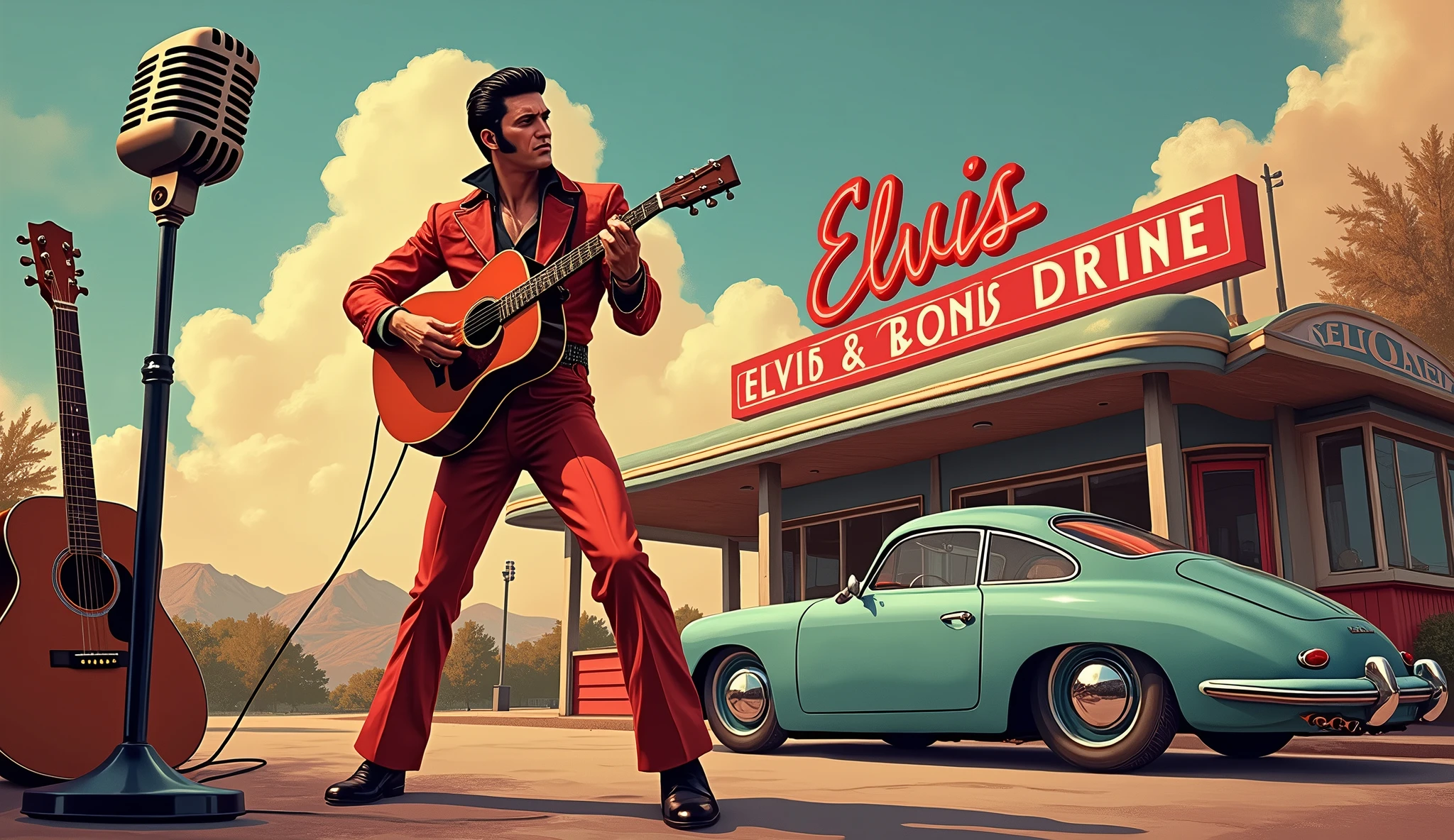 Picture in simpleMix art with Elvis with a microphone in his hand in the background an old microphone, Westerngitarre, Porsche in front of a diner 




