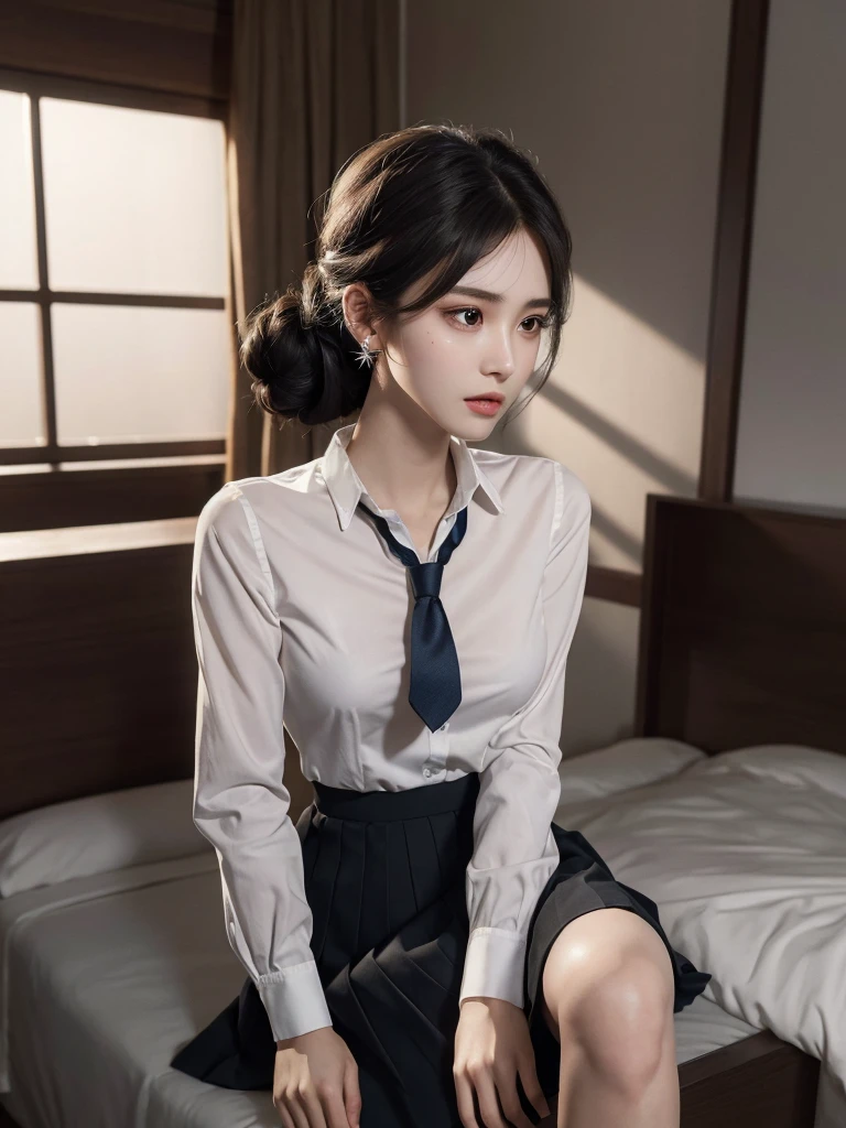 ((Top quality, 8K, Masterpiece: 1.3)), Sharp focus: 1.2, (ultra realistic), (Photoreal), (Increased resolution), (8K), (Extremely detailed), (best photos), (beautifully detailed eyes), (Best Quality), (Ultra detailed), (Masterpiece ), (wall paper), (Detailed face), Solo, one Japanese refined lady, age 24, tall, height 165cm, pureerosfaceace_v1, slender dark eyes, low ponytail, (long-sleeved white shirt), office uniform that enhances her well-proportioned body shape, charcoal lace panties, looking up the viewer, kneeling, (dark background: 1.3), on bed,(looking at viewer), ((intimate smile))