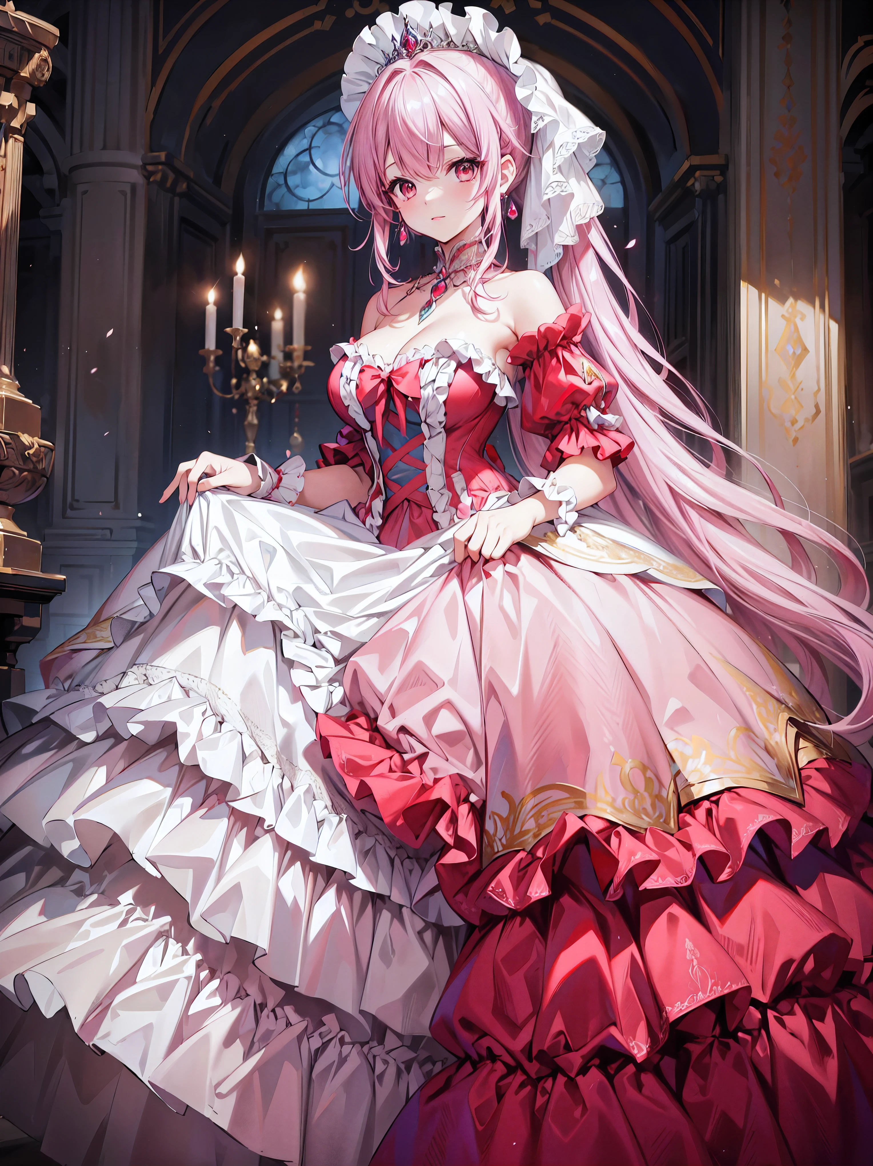 ((masterpiece)), ((top quality)), ((high resolution)), (((ultra detailed))), moe anime art style, (solo younger face princess), full body, hyper detail beautiful eyes, super delicate and beautiful face, beautiful smile, 
BREAK 
(((princess rococo gown with voluminous full length hoop skirt and long hem))), shiny dark red taffeta fabric, over skirt with plenty of frills and luxurious embroidery, skirt with precision lace, huge breasts, breast focus, cleavage cutout, 
BREAK 
(((hair pink hair))), (long fluffy ponytail), curly hair, bangs, beautiful silver and jeweled hair accessories, light sparkles, depth of field, 