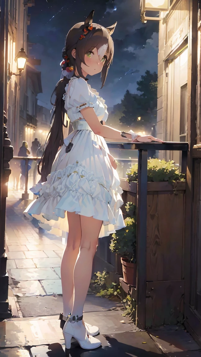 masterpiece, Best Quality, High resolution, Very detailed,(((Fine Motion))), (((Horse Girl))), (((Standing far away))), (((corridor))), (((handrail))), (((night))), (((White dress)))