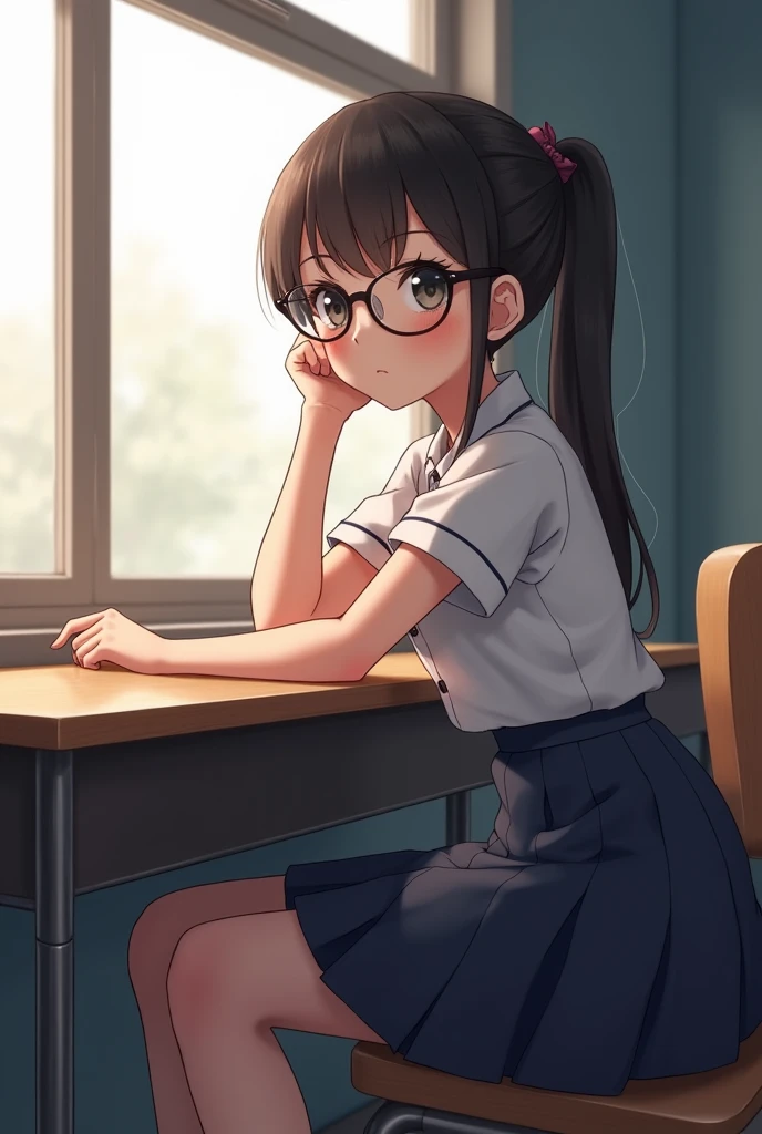 left side view , focus face , hairy bunny Short stature girl , (realistic hairy bunny fur:1.2) , round Mumps face , (tilt face:1.2) , geek , moist round eyes , Swollen cheeks , shy , glossy lips , in the school , Class is in progress , school sailor , skirt , sit on chair