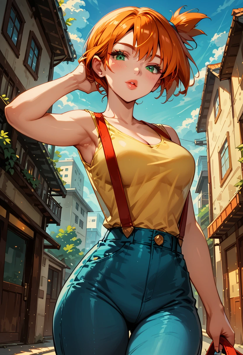 Dark Fantasy Art of score_9, score_8_up, score_7_up, rating_questionable, fantasy, lighting, epiCPhoto 1girl, mature woman, very sexy (Misty_Pokemon), (short hair, orange hair, one side up hair, green eyes, medium breasts, skinny), cleavage, (yellow t-shirt, tight sleeveless t-shirt, red suspenders:1.3), blue shorts, red sneakers, solo, cute, flirt, gaze, sexy look, half-closed eyes, head tilt, filled lips, thick lips, makeup, modelling shoot, sexy pose, streets of Tokyo, dark, moody, dark fantasy style, (daytime, sunny:1.2), building size, low angle.