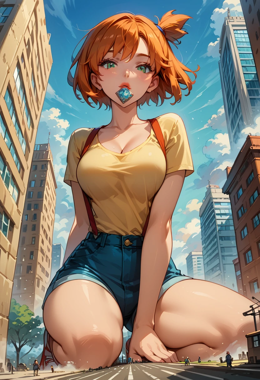 Dark Fantasy Art of score_9, score_8_up, score_7_up, rating_questionable, fantasy, lighting, epiCPhoto 1girl, mature woman, very sexy (Misty_Pokemon), (short hair, orange hair, one side up hair, green eyes, medium breasts, skinny), cleavage, (yellow t-shirt, tight sleeveless t-shirt, red suspenders:1.3), blue shorts, red sneakers, solo, cute, flirt, gaze, sexy look, half-closed eyes, head tilt, filled lips, thick lips, makeup, (in Washington D.C.:1.6), modelling shoot, kneeling, (object insertion, inserting Washington Monument in her mouth:1.5), stroking the Washington Monument with both hands, sexy pose, dark, moody, dark fantasy style, (daytime, sunny:1.2), (giant, giantess, taller than building:1.4), low angle.