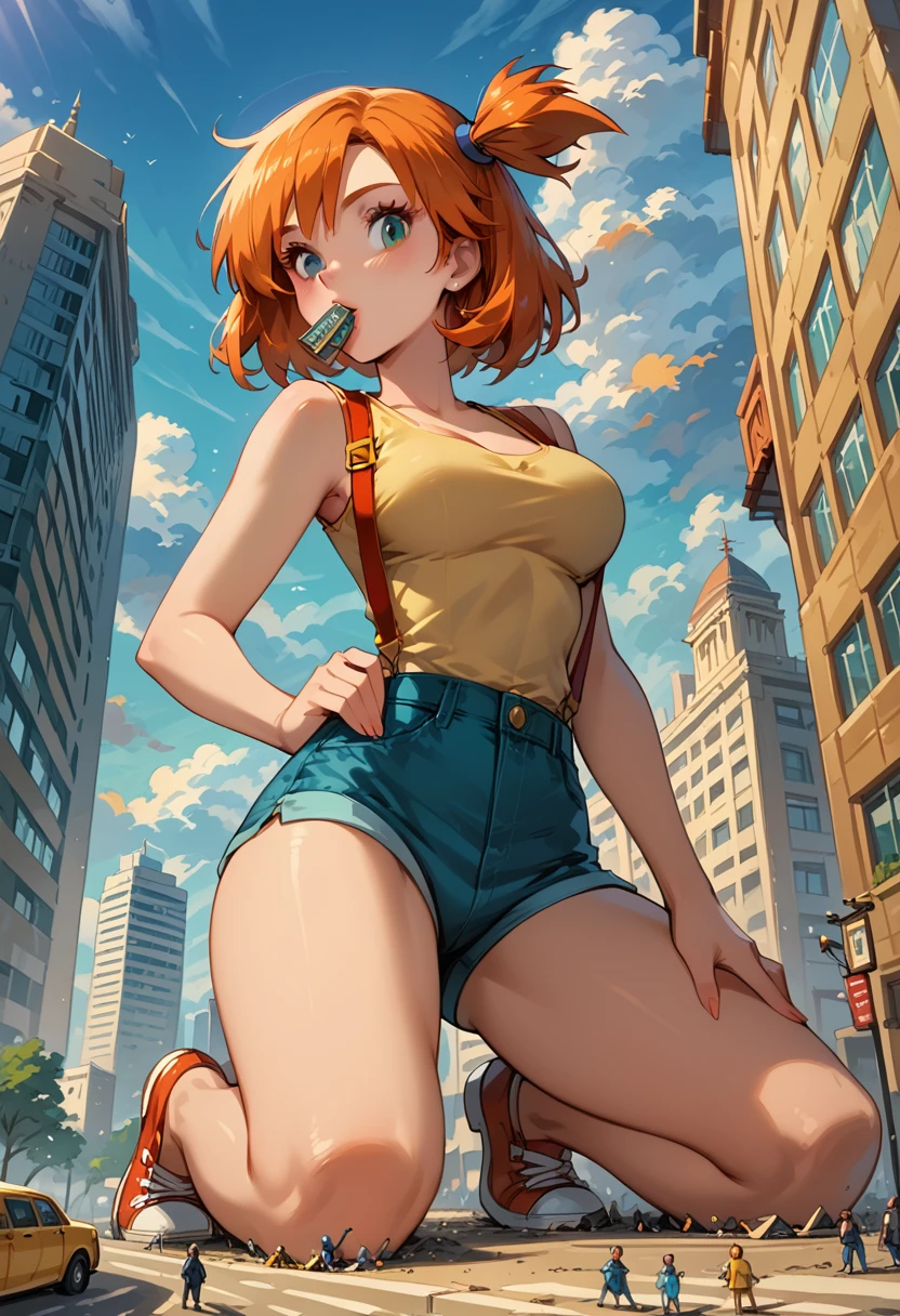 Dark Fantasy Art of score_9, score_8_up, score_7_up, rating_questionable, fantasy, lighting, epiCPhoto 1girl, mature woman, very sexy (Misty_Pokemon), (short hair, orange hair, one side up hair, green eyes, medium breasts, skinny), cleavage, (yellow t-shirt, tight sleeveless t-shirt, red suspenders:1.3), blue shorts, red sneakers, solo, cute, flirt, gaze, sexy look, half-closed eyes, head tilt, filled lips, thick lips, makeup, (in Washington D.C.:1.6), modelling shoot, kneeling, (object insertion, inserting Washington Monument in her mouth:1.5), stroking the Washington Monument with both hands, sexy pose, dark, moody, dark fantasy style, (daytime, sunny:1.2), (giant, giantess, taller than building:1.4), low angle.