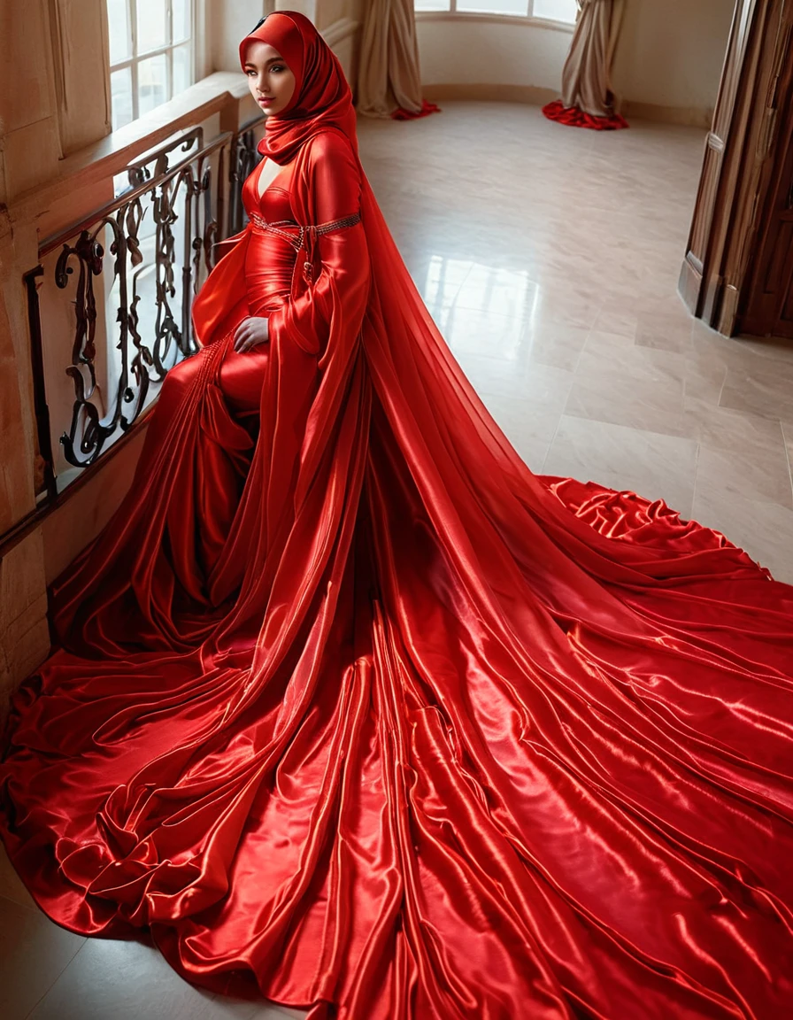 A woman shrouded in a 10-meter-long, plush red semi transparent satin shimmer cloth, tightly bound and grandly draping along the form of her body, poof style on the bottom outfit, flowing off into a pooled floor-length train, styled in a mermaid-inspired outfit, her head modestly veiled in a satin hijab, tall woman, walking in balcony, a full-body pose conveying a sense of mysterious elegance, captured in a 4k resolution, ultra-realistic