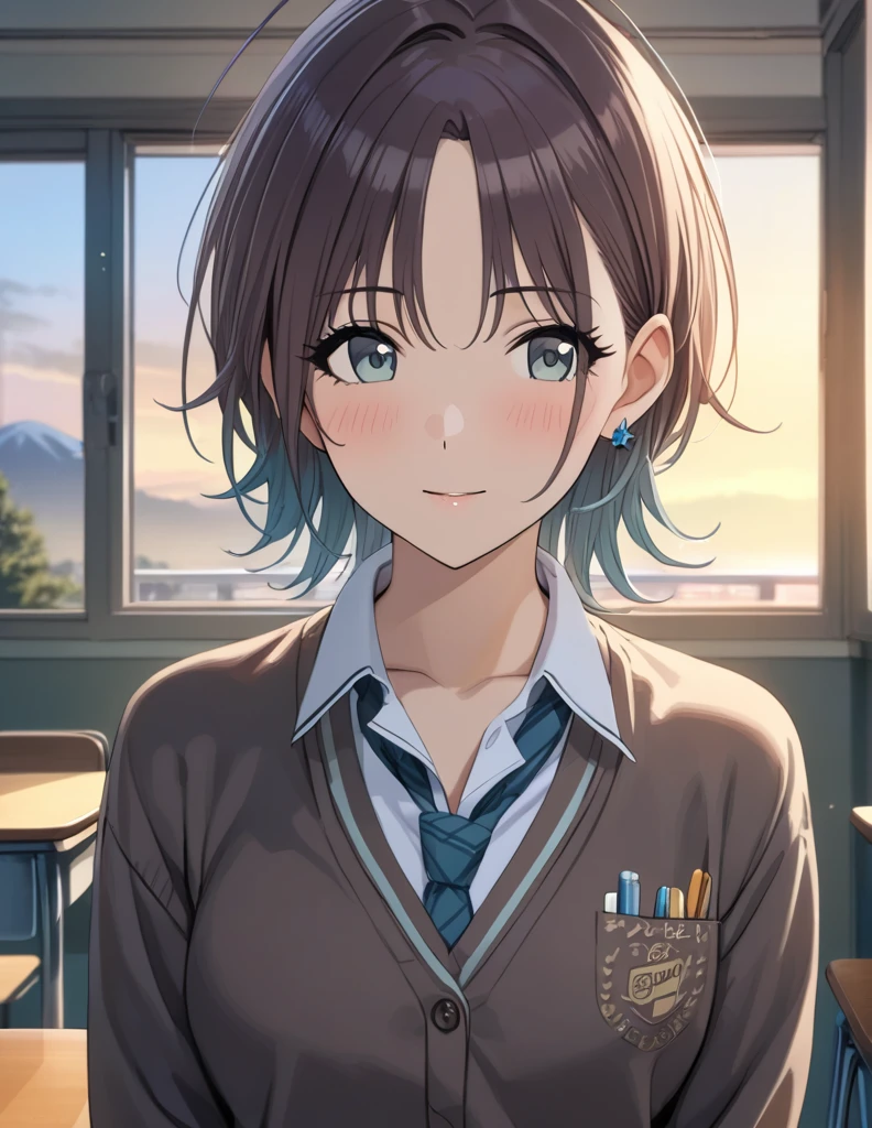 (masterpiece),(Highest quality),(Very detailed),(Best illustrations),(Best Shadow),(Absurd),(Detailed Background),(so beautiful), 
Official Style,

 asakura_toru,

the idolmaster shiny colors,
chest,
blush,

school uniform, Cardigan,

alone,
Japan,
classroom,
evening,
Sunset,
Background Blur, 
focus on face,
cowboy shot,
(realistic skin:1.2),