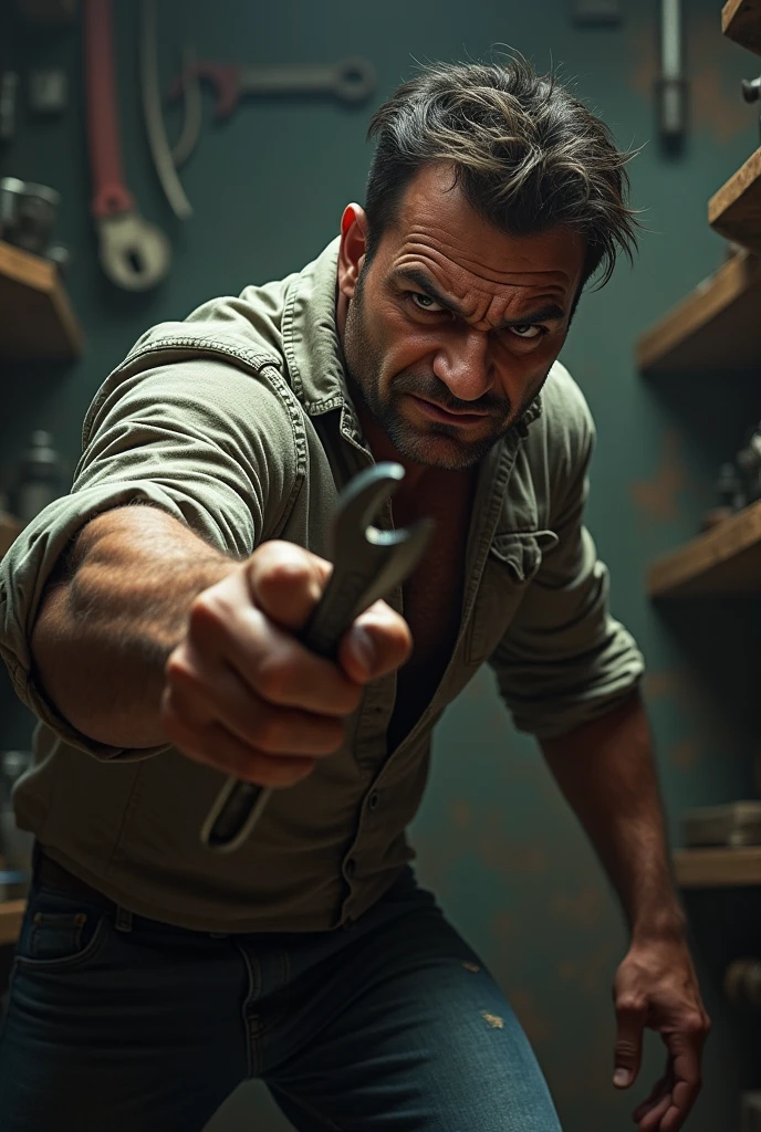 A man wearing a black shirt, fiercely throwing a grenade with intense determination, dynamic action pose, dramatic lighting, high detail, shot with a Canon 5D Mark IV 50mm f/1.8 