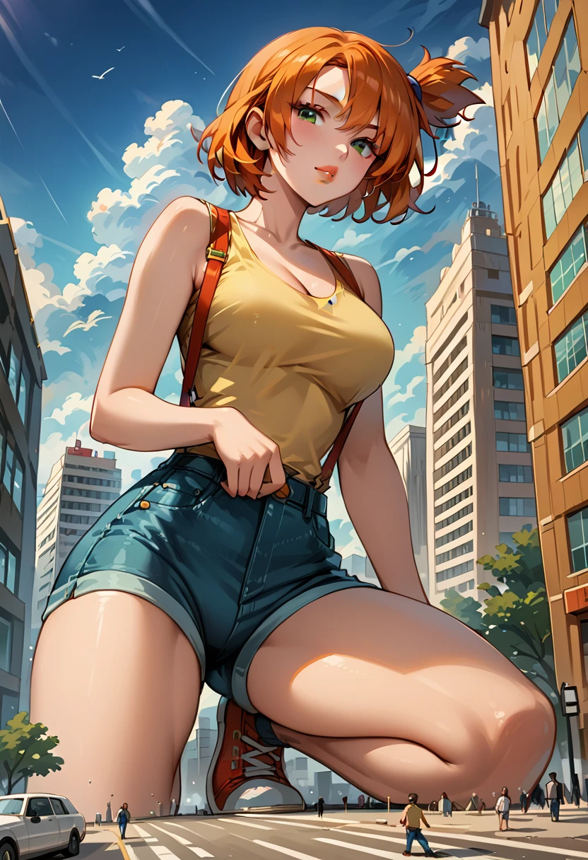 Dark Fantasy Art of score_9, score_8_up, score_7_up, rating_questionable, fantasy, lighting, epiCPhoto 1girl, mature woman, very sexy (Misty_Pokemon), (short hair, orange hair, one side up hair, green eyes, medium breasts, skinny), cleavage, (yellow t-shirt, tight sleeveless t-shirt, red suspenders:1.3), blue shorts, red sneakers, solo, cute, flirt, gaze, sexy look, half-closed eyes, head tilt, filled lips, thick lips, makeup, (in the city of Washington D.C.:1.6), modelling shoot, kneeling, (sucking the Washington Monument:1.5), stroking the Washington Monument with both hands, sexy pose, dark, moody, dark fantasy style, (daytime, sunny:1.2), (giant, giantess, taller than building:1.4), low angle.