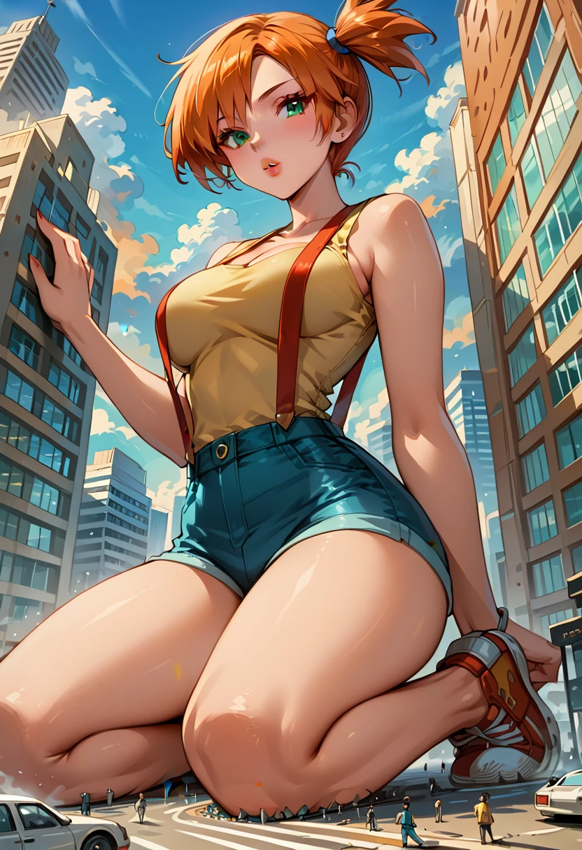 Dark Fantasy Art of score_9, score_8_up, score_7_up, rating_questionable, fantasy, lighting, epiCPhoto 1girl, mature woman, very sexy (Misty_Pokemon), (short hair, orange hair, one side up hair, green eyes, medium breasts, skinny), cleavage, (yellow t-shirt, tight sleeveless t-shirt, red suspenders:1.3), blue shorts, red sneakers, solo, cute, flirt, gaze, sexy look, half-closed eyes, head tilt, filled lips, thick lips, makeup, (in Washington D.C.:1.6), modelling shoot, kneeling, (object insertion, inserting Washington Monument in her mouth:1.5), stroking the Washington Monument with both hands, sexy pose, dark, moody, dark fantasy style, (daytime, sunny:1.2), (giant, giantess, taller than building:1.4), low angle.