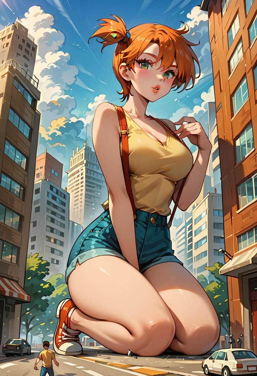 Dark Fantasy Art of score_9, score_8_up, score_7_up, rating_questionable, fantasy, lighting, epiCPhoto 1girl, mature woman, very sexy (Misty_Pokemon), (short hair, orange hair, one side up hair, green eyes, medium breasts, skinny), cleavage, (yellow t-shirt, tight sleeveless t-shirt, red suspenders:1.3), blue shorts, red sneakers, solo, cute, flirt, gaze, sexy look, half-closed eyes, head tilt, filled lips, thick lips, makeup, (in the city of Washington D.C.:1.6), modelling shoot, kneeling, (sucking the Washington Monument:1.5), stroking the Washington Monument with both hands, sexy pose, dark, moody, dark fantasy style, (daytime, sunny:1.2), (giant, giantess, taller than building:1.4), low angle.