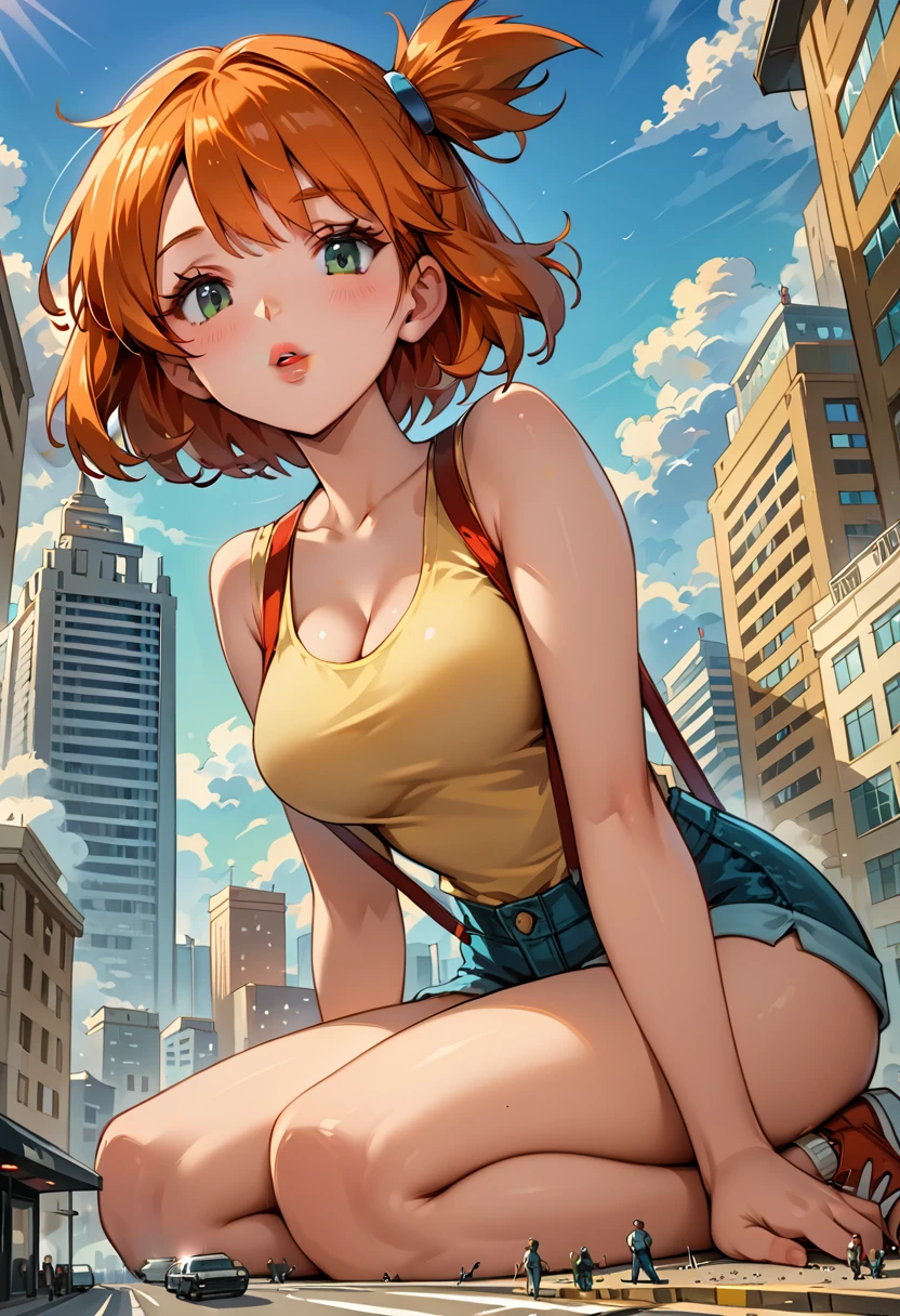 Dark Fantasy Art of score_9, score_8_up, score_7_up, rating_questionable, fantasy, lighting, epiCPhoto 1girl, mature woman, very sexy (Misty_Pokemon), (short hair, orange hair, one side up hair, green eyes, medium breasts, skinny), cleavage, (yellow t-shirt, tight sleeveless t-shirt, red suspenders:1.3), blue shorts, red sneakers, solo, cute, flirt, gaze, sexy look, half-closed eyes, head tilt, filled lips, thick lips, makeup, (in the city of Washington D.C.:1.6), modelling shoot, kneeling, (sucking the Washington Monument:1.5), stroking the Washington Monument with both hands, sexy pose, dark, moody, dark fantasy style, (daytime, sunny:1.2), (giant, giantess, taller than building:1.4), low angle.