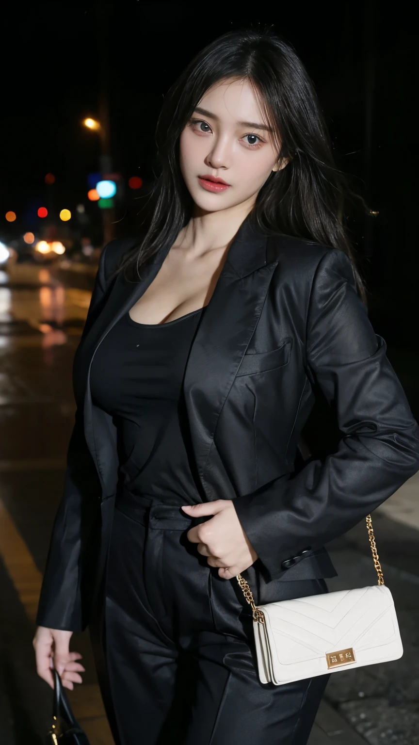 1girl, ((masterpiece)), ((detailed face)), best quality, realistic face), A woman, (natural big breast:1.3), cleavage, plumpy body, stands confidently against a dark backdrop, wearing a tailored black blazer and fitted black pants. She has long, sleek hair and holds a small clutch purse. Her pose is poised, and the lighting highlights her features, creating a dramatic and elegant look.