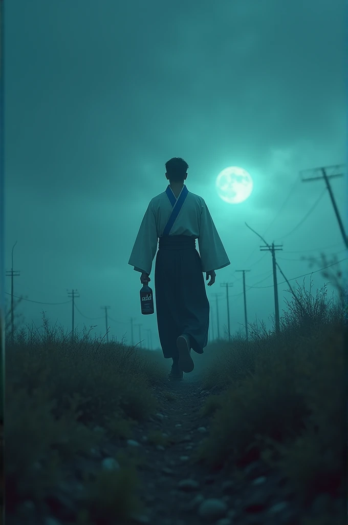 Silhouette of a man smoking,was sitting on the terrace of the house,exhale cigarette smoke,alone,lonely,sadness,suffer,the night,moonlight,medium length hair type,ponytail hairstyle.
