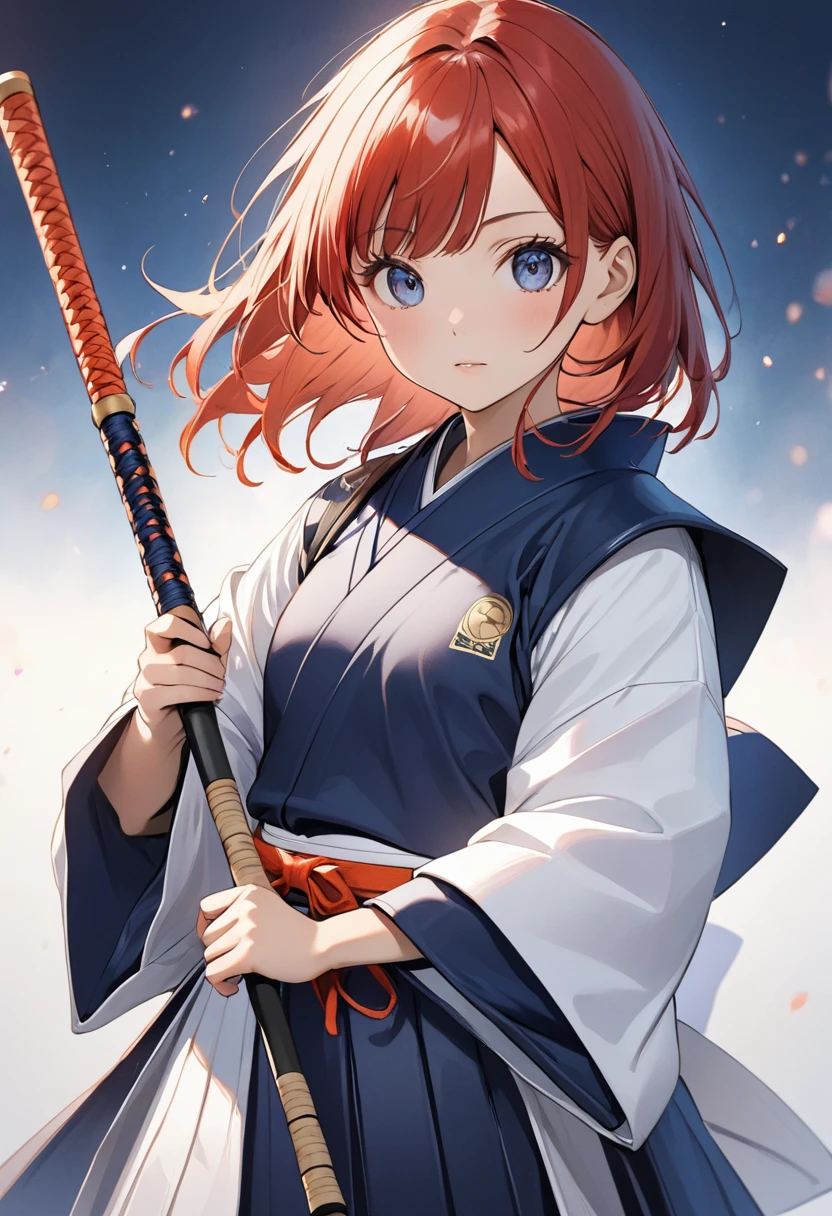 1girl, solo, Jedi outfit , bangs,happy,posing, multicolored hair, red lightsaber, Arima Kana, hat, blue headwear, beret, (masterpiece:1.2), highres, best quality, 8k, black sky background
