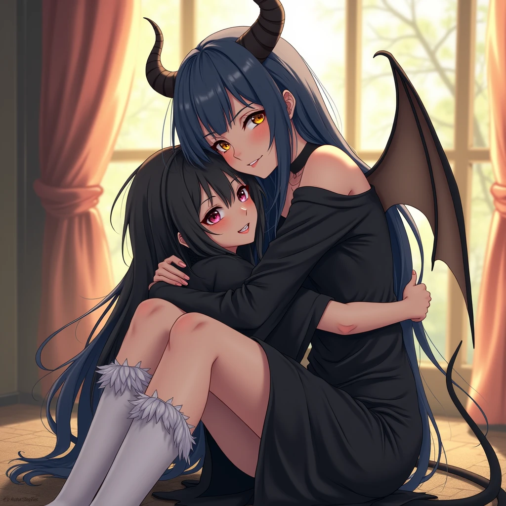 NSFW, 1 girl, solo, human girl, woman lying on top of dragon, and dragon invades her vagina, tail, wings, sharp teeth, horns, sex,romance,love, black hair, long hair ,(large breasts),rub cheeks together