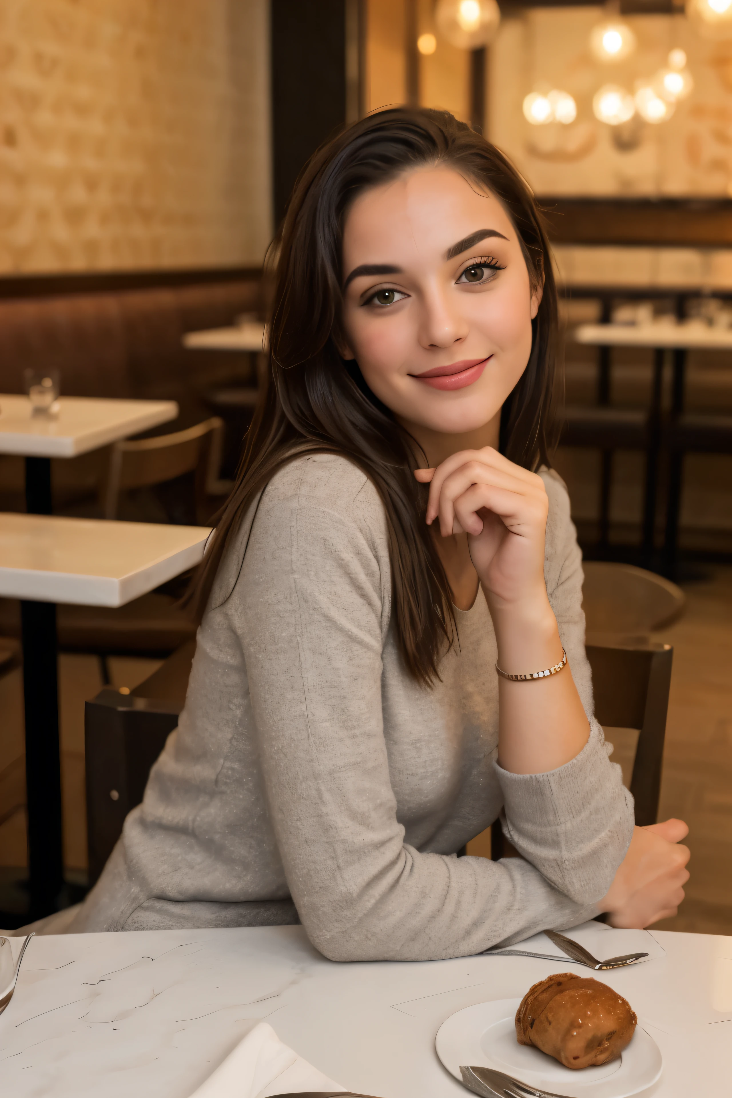 la même pute, pull à capuche, dans un restaurant, Fille latine, poser pour une photo, photo réaliste