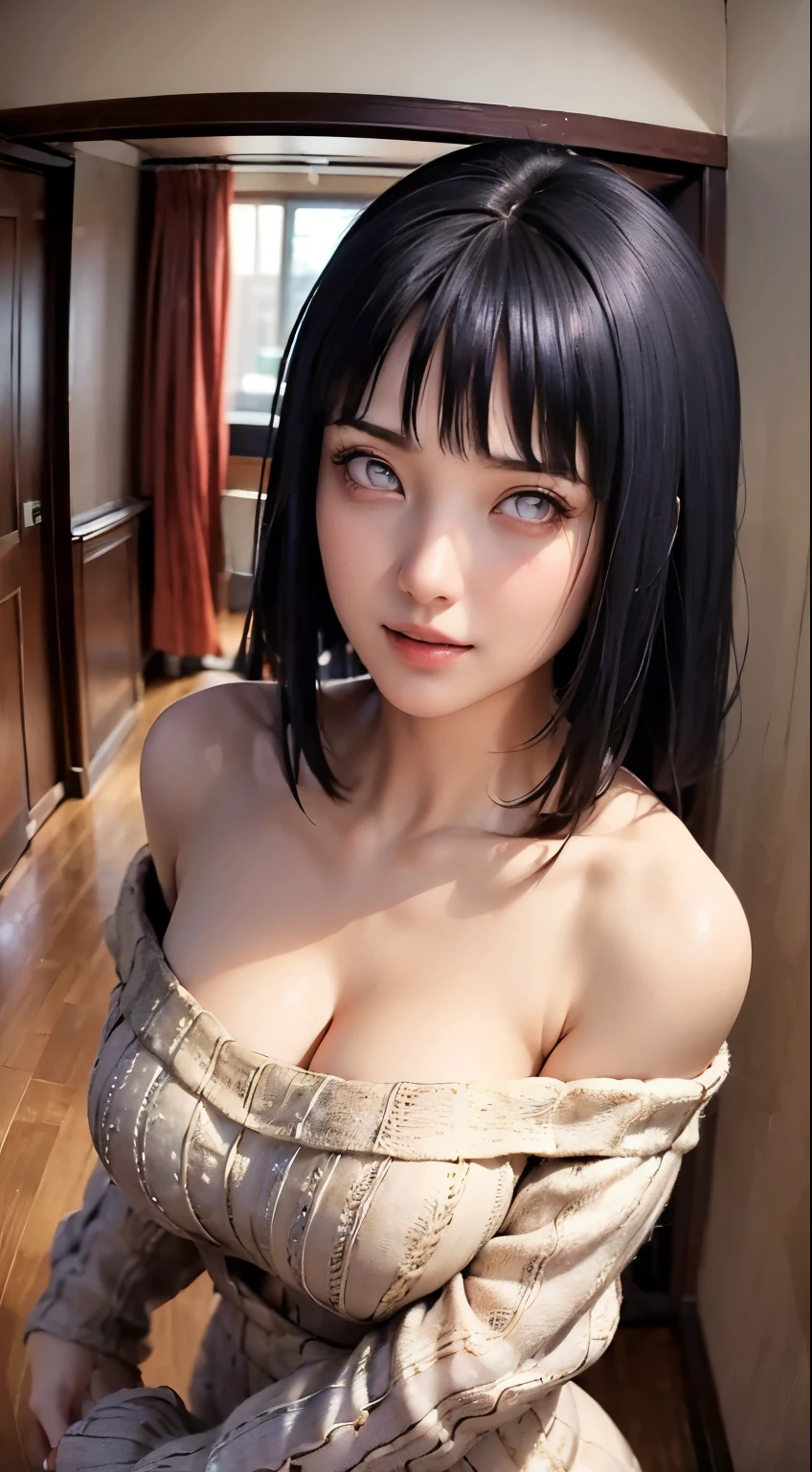 (((Highly detailed CG unit 8k wallpaper:1.2, masterpiece、masterpiece, High resolution:1.2, highest quality:1.2, Tabletop))), ((Very beautiful woman, Off Shoulder Knit Sweater Dress:1.3、 Beautiful body line:1.6)), ((Highly detailed face, Highly detailed black eyes, Highly detailed body, highest qualityのリアルテクスチャースキン)), (Black-haired:1.2, Long-haired person, White skin, Open your mouth、Blowjob gestures:1.5, Bewitching Smile、Glossy oil skin), ((As if peering into a screen、Apartment hallway:1.2)), (Outdoor、Corridor outside the apartment、Dim lighting:1.5, night:1.5, High Angle:1.3, close, Fisheye Lens:1.5),Surreal, Digital Paint,
