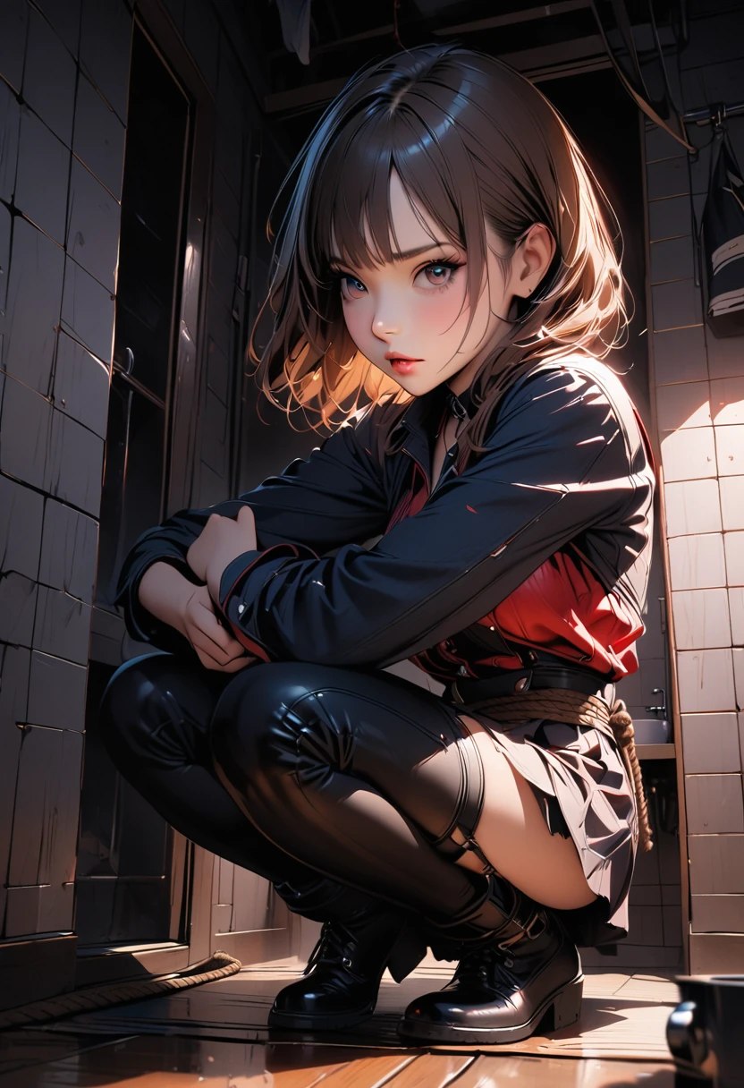 (masterpiece:1.2), best quality,CG,3d, samurai girl,
1 sister, Red eyes, ear nipple ring, alone, hair color, jewelry, looking at the audience, Vague, Full body female love, through bangs, red hair clothes, jacket, Squat down, Vague background, collar, Short hair details, long sleeves, red nails, shut up, red footwear, Floral fragrance, red top, striped hair,katana sword
