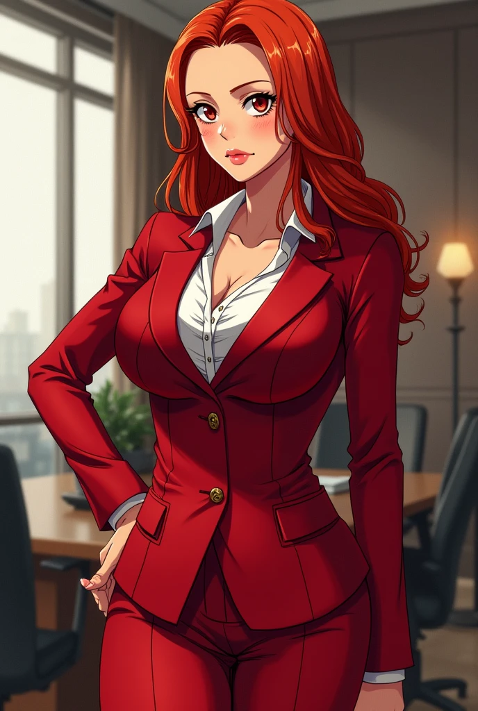 Jennifer Korbin, ginger hair, Brassiere, red skirt, red blazer, no shirt