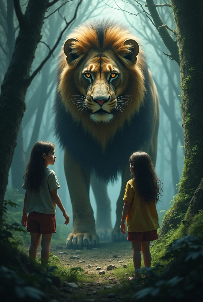 Little girls in an enchanted forest looking at a blue tiger that peeks its head out from the middle of a thick, ancient tree trunk