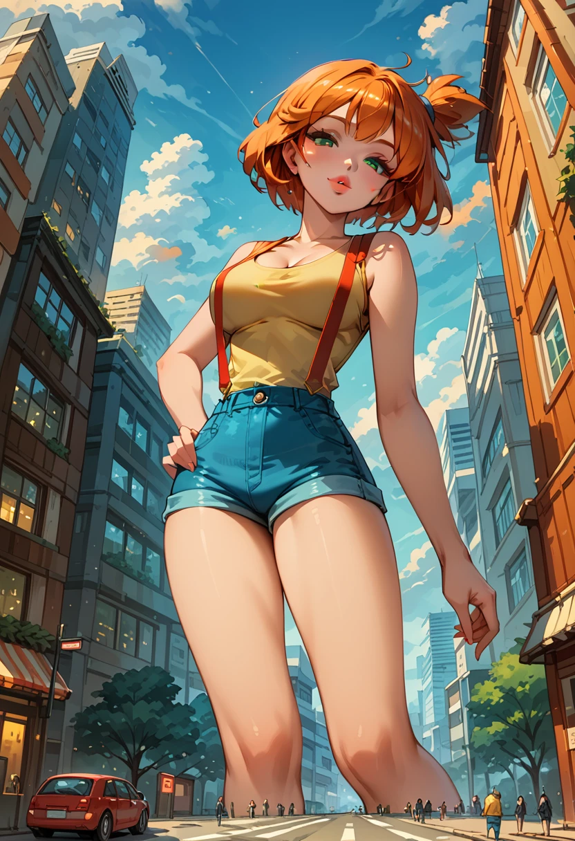 Dark Fantasy Art of score_9, score_8_up, score_7_up, rating_questionable, fantasy, lighting, epiCPhoto 1girl, mature woman, very sexy (Misty_Pokemon), (short hair, orange hair, one side up hair, green eyes, medium breasts, skinny), cleavage, (yellow t-shirt, tight sleeveless t-shirt, red suspenders:1.3), blue shorts, red sneakers, solo, cute, flirt, gaze, sexy look, half-closed eyes, head tilt, filled lips, thick lips, makeup, modelling shoot, sexy pose, streets of Tokyo, dark, moody, dark fantasy style, (daytime, sunny:1.2), (giant, giantess, taller than building:1.4), low angle.