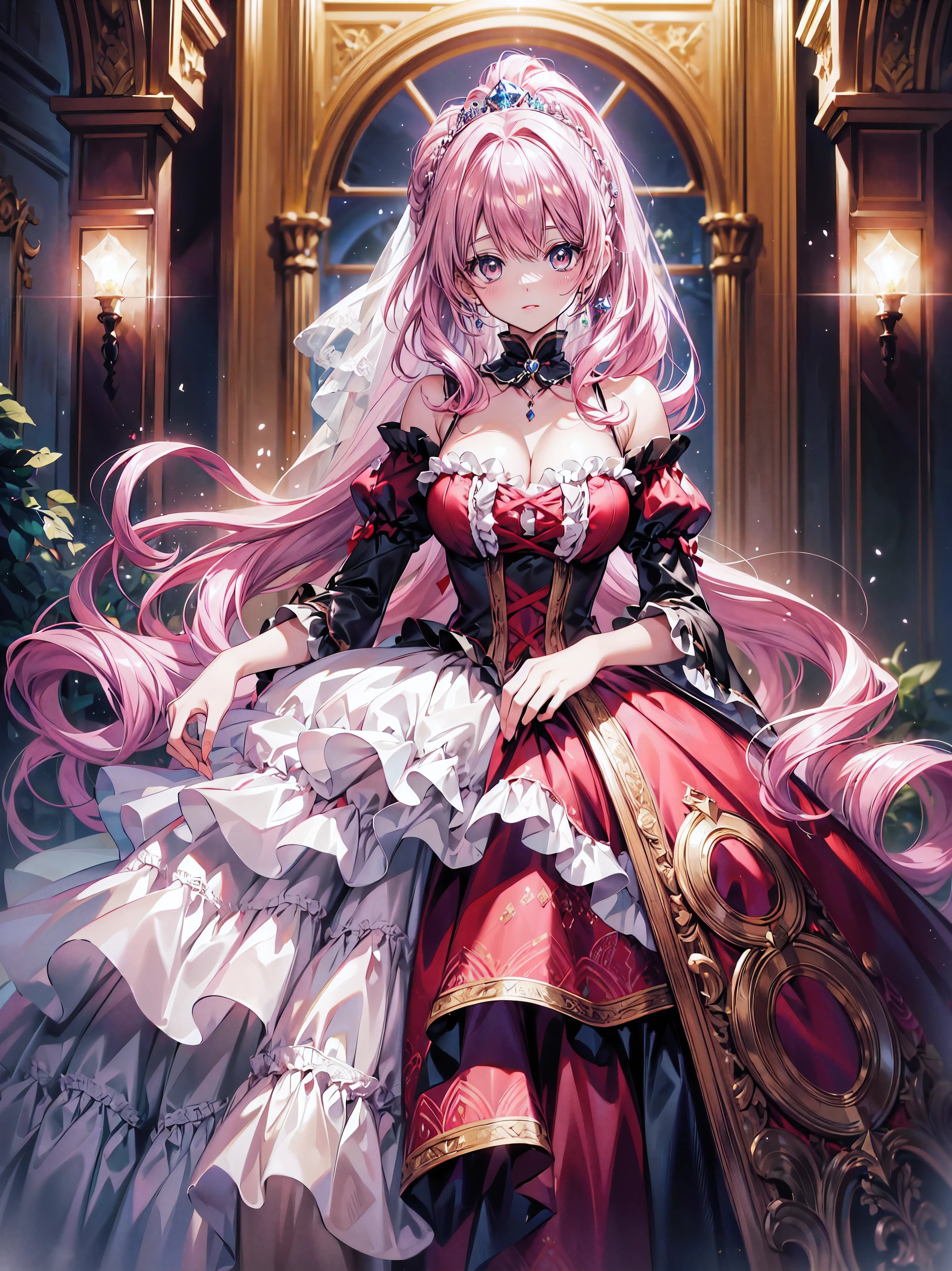 ((masterpiece)), ((top quality)), ((high resolution)), (((ultra detailed))), moe anime art style, (solo younger face princess), full body, (((beautiful eyes blue eyes))), hyper detail eyes, super delicate and beautiful face, beautiful smile, 
BREAK 
((princess rococo gown with voluminous full length hoop skirt and long hem)), (((shiny dark red taffeta fabric))), over skirt with plenty of frills and luxurious embroidery, skirt with precision lace, huge breasts, breast focus, cleavage cutout, 
BREAK 
(((hair pink hair))), (long fluffy ponytail), curly hair, bangs, beautiful silver and jeweled hair accessories, light sparkles, depth of field, magnificent panorama view, 