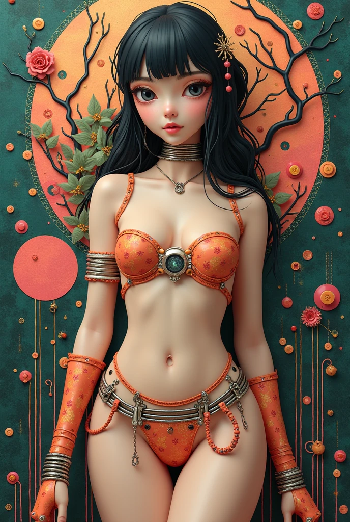 (Girl with bright black hair)(Best quality, A high resolution, Vivid colors, (Cartoon Goddess), (comic strip))Forged hammer pattern,Wear silver bikini fringed shorts and a tassel necklace
,oguchi,sedate,massiness,Shiny and warm,Flowing silk cape