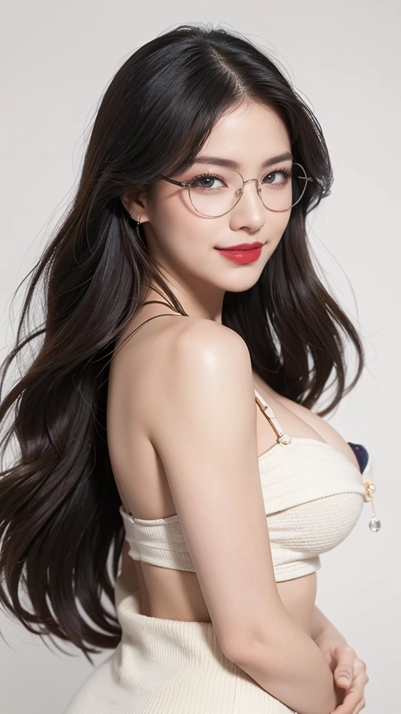 High resolution, masterpiece, high quality, Textured skin, Ultra high definition, Background Blur, far and near method, woman、30th generation、Face close-up、Large Breasts、Captivating smile、Red lips、Center parted wavy hair、Droopy eyes、Tube tops、ID photo、Simple Background, Alone, Glasses、A smile showing white teeth、