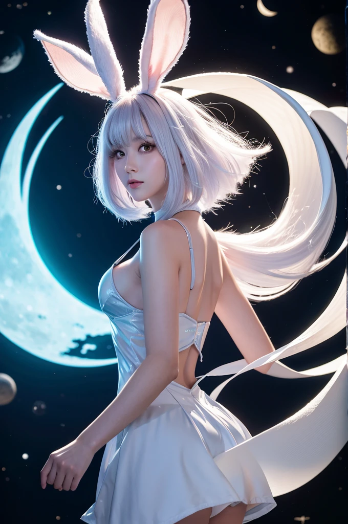 1girl, messy iridescent white hair, pink eyes, glowing eyes, angry, pale skin, bunny ears, covering ears, age 25, mature face, wearing long clingy white dress with gold runes, see-through clothes(intricate detail), bunny tail, arms up, holding fire, glowing hands, glowing pink magic circle in sky, ancient stone village at sunset, wallpaper, absurdes, high res, ultrasharp, 8k, masterpiece, chiaroscuro, from below, rear view, ass focus, panoramic, looking at viewer,