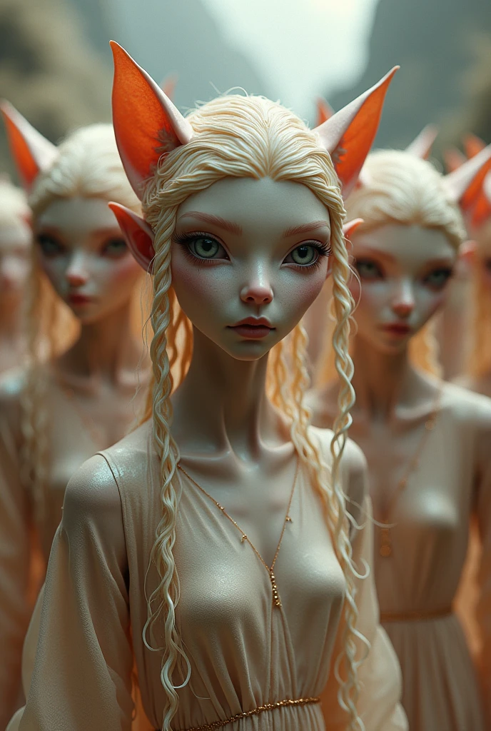human-like aliens, tentacles for hair, fish-like eyes, snake-like nose, greyish-pink skin