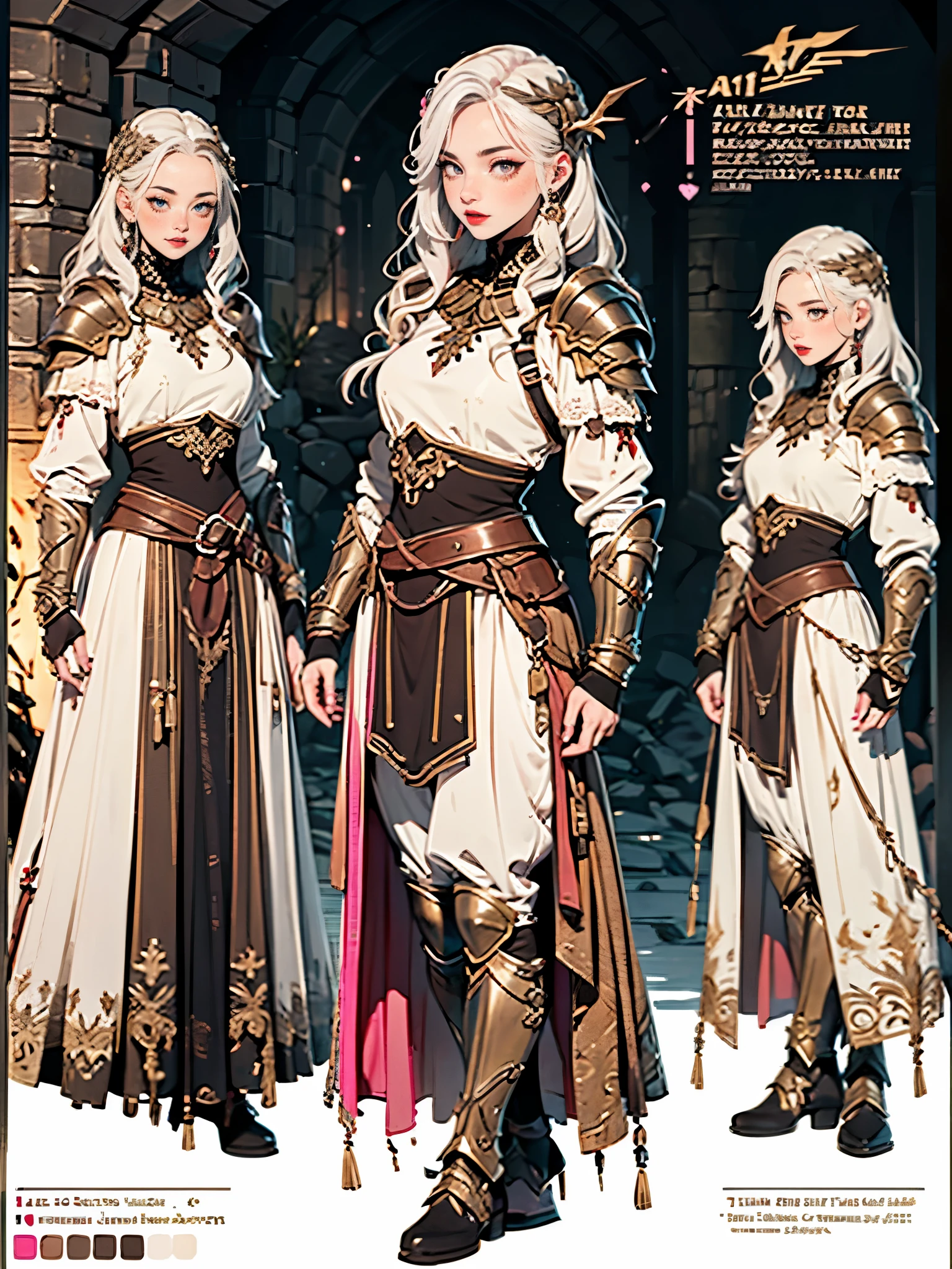 ((1girl, solo, alone, white hair, red eyes, hair ornament, small breasts, long hair, fitness)), ((solo, (1woman, pink lipstick), Extremely detailed, ambient soft lighting, 4k, perfect eyes, a perfect face, perfect lighting, a 1girl)), (( gladiator armor, medieval armor, fantasy armor )) Fantasy rpg inspiration, full body, Reference Sheet, Character Sheet Full-Length, Character Chart, 