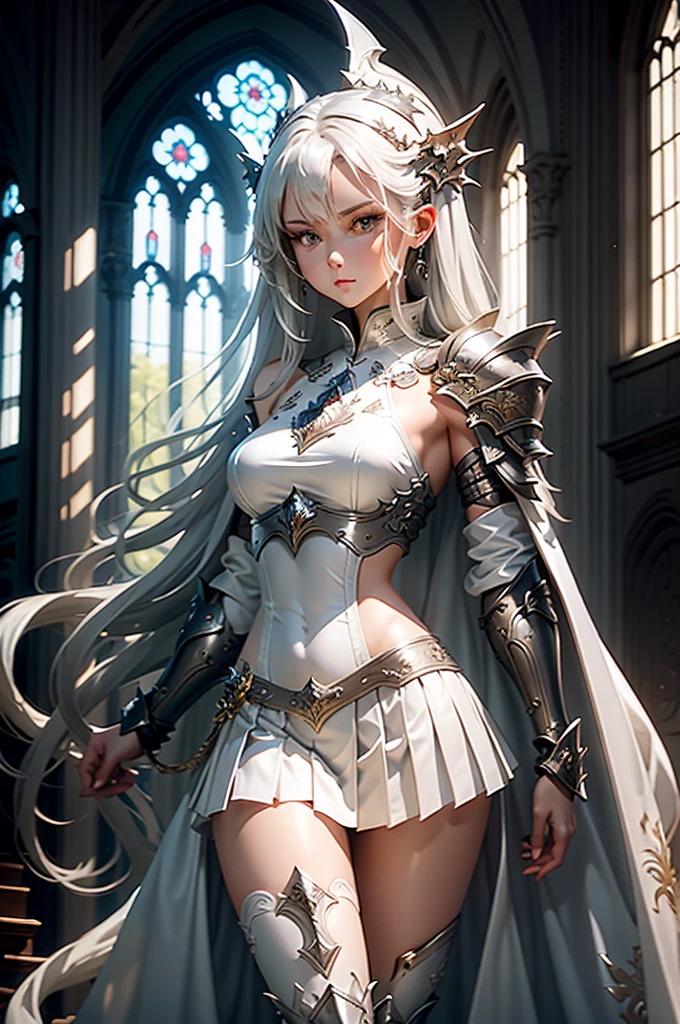 tmasterpiece，Best image quality，woman，Dragon Knight，Overhead light，Slender body，Elegant posture，Long hair in white color，Short pleated skirt，Bare chest，show legs，open waist，Bare arms，On the shoulders is silver-white armor，The body has silvery-white decorations，White stockings silver trim legs，Hold a sword in hand，Background church window top