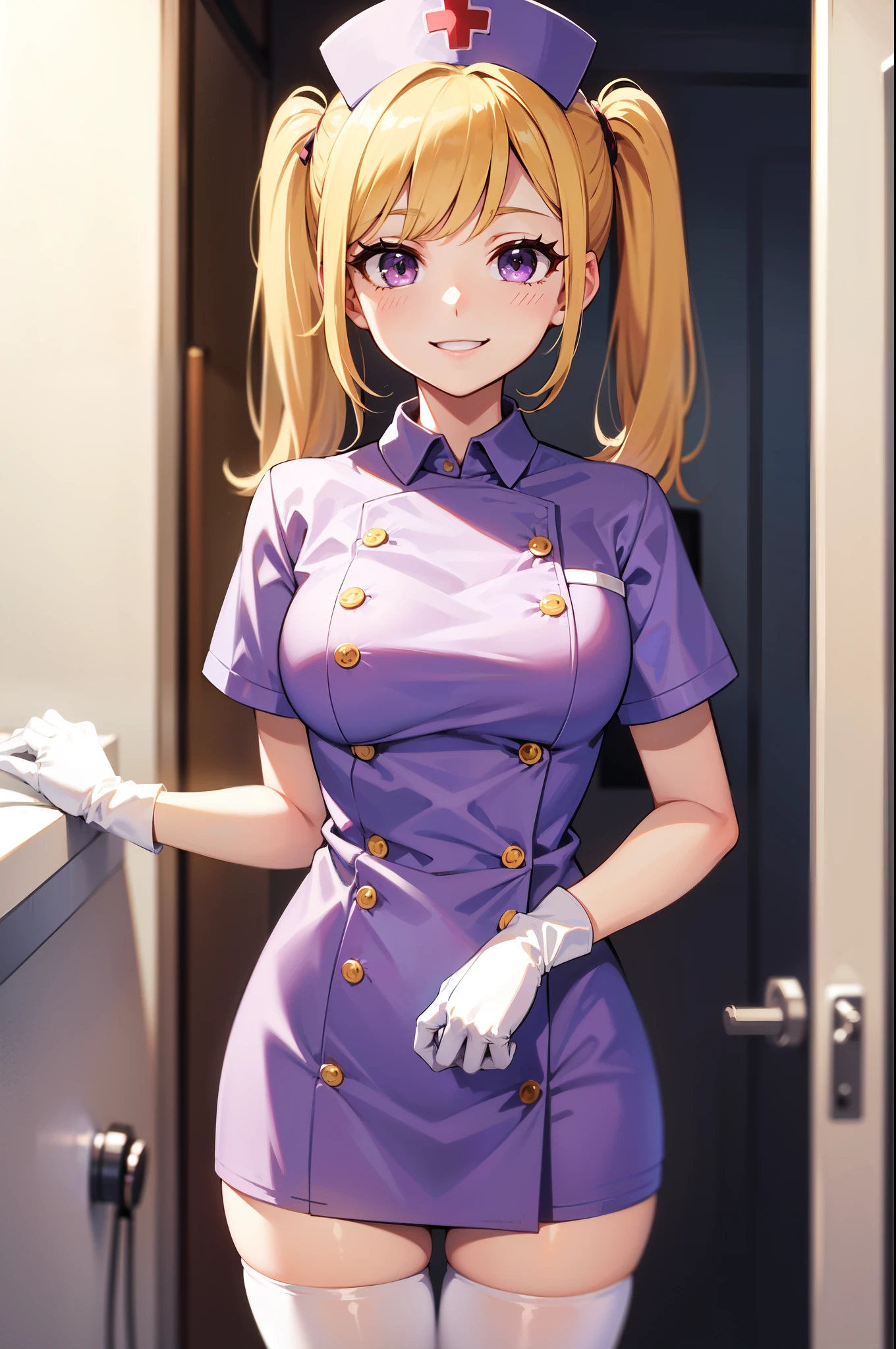 1girl, solo, nurse, nurse cap, white nurse uniform, ((white legwear, zettai ryouiki)), white gloves, twintails, yellow hair, purple eyes, smile, standing, ((hospital room)), sharp outline, short sleeves, best quality, masterpiece