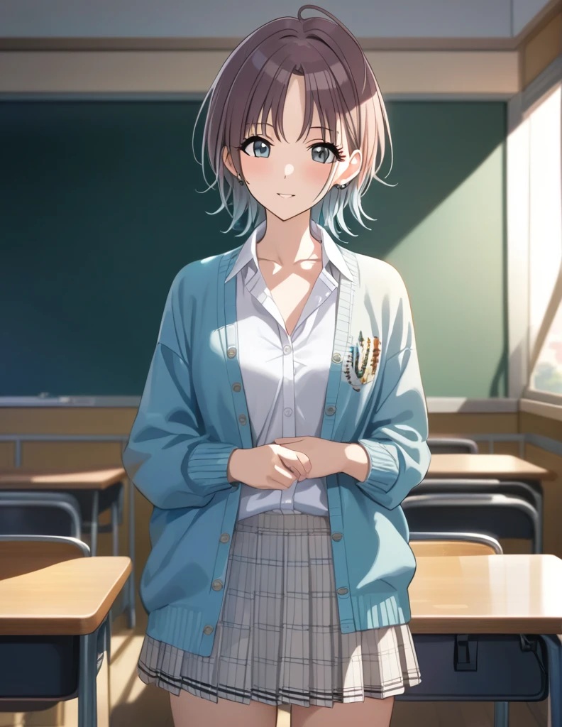 (masterpiece),(Highest quality),(Very detailed),(Best illustrations),(Best Shadow),(Absurd),(Detailed Background),(so beautiful), 4K, 32K,
Official Style,

 asakura_toru,

the idolmaster shiny colors,
chest,
blush,

school uniform, Cardigan,

alone,
Japan,
classroom,
evening,
Sunset,
Background Blur, 
focus on face,
cowboy shot,
realistic skin,