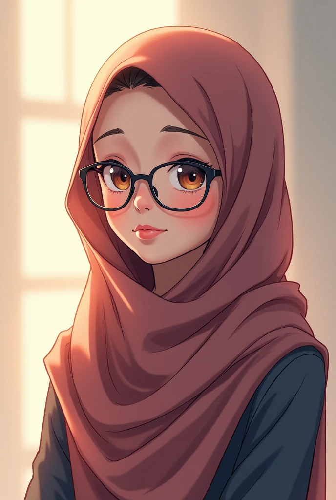 Make a anime avatar picture of a 19 year old brown hijabi girl with glasses and blue dress in a frame of 640×360
