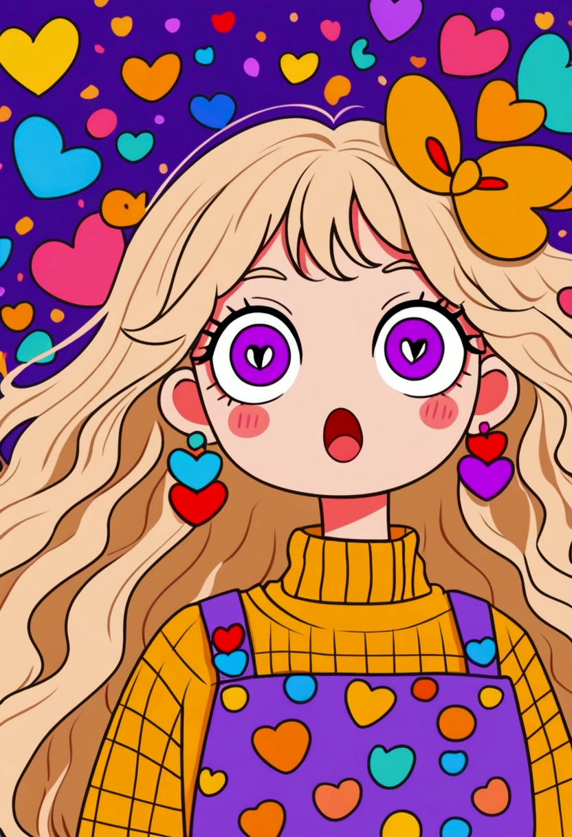 colorful cartoon girl with wide purple eyes, surprised expression, long wavy light hair, large orange bow with hearts, yellow turtleneck sweater, multi-patterned overalls, large geometric earrings, background with various colorful shapes, playful and quirky atmosphere